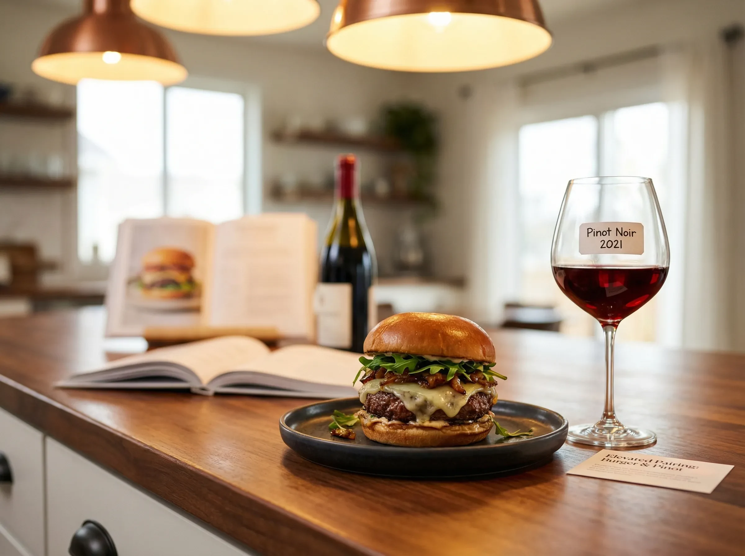 Gourmet burger with glass of red wine showing upscale burger dining experience