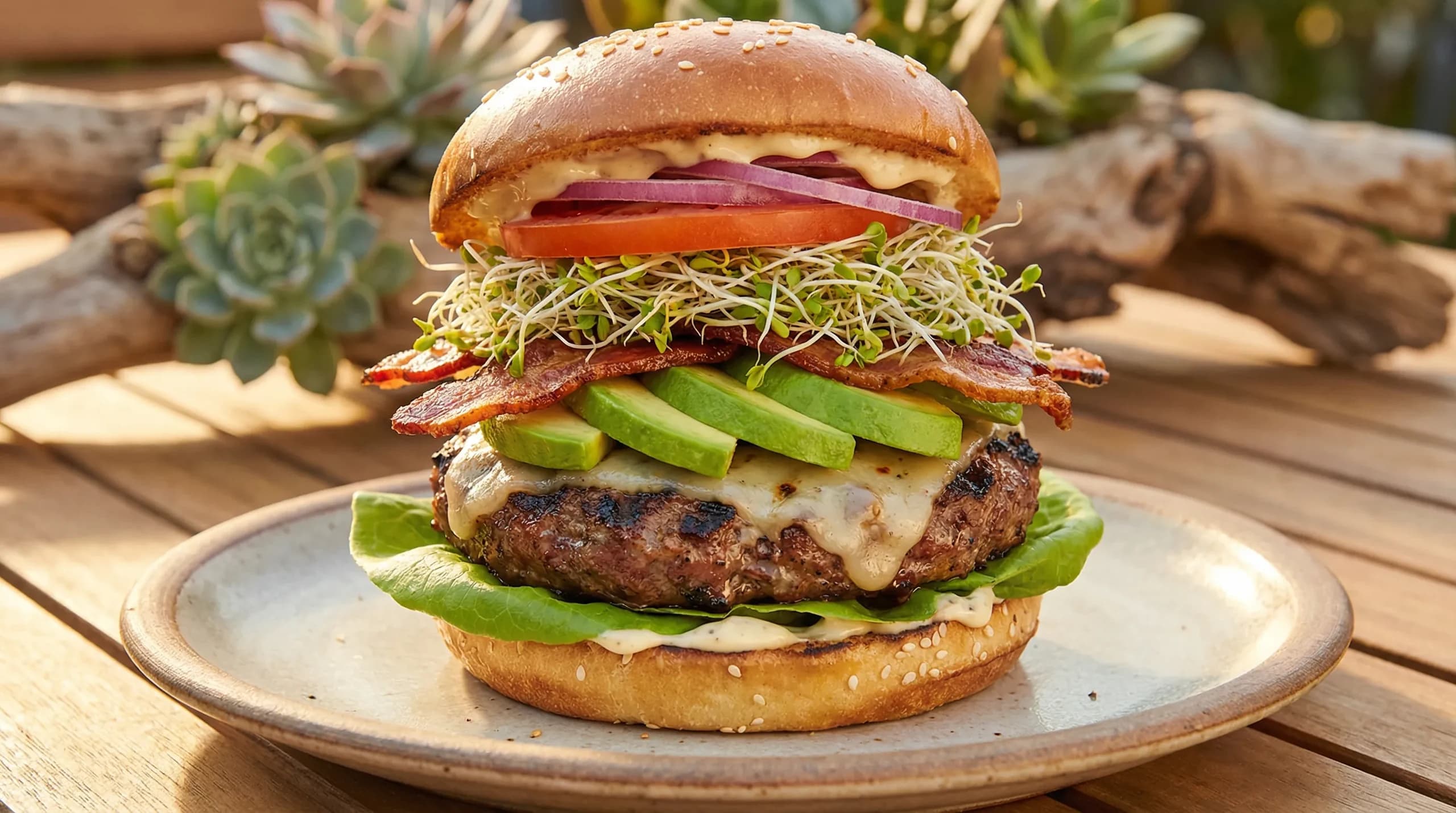 California burger with fresh avocado slices, sprouts, and crisp vegetables on brioche bun