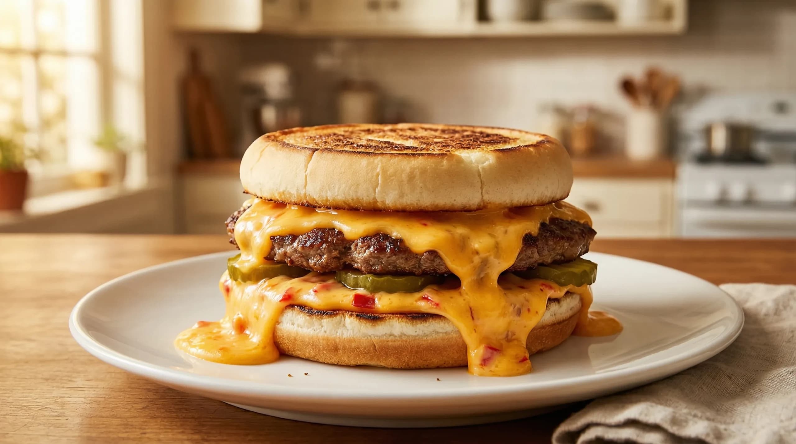 South Carolina pimento cheese burger with melted pimento cheese on beef patty