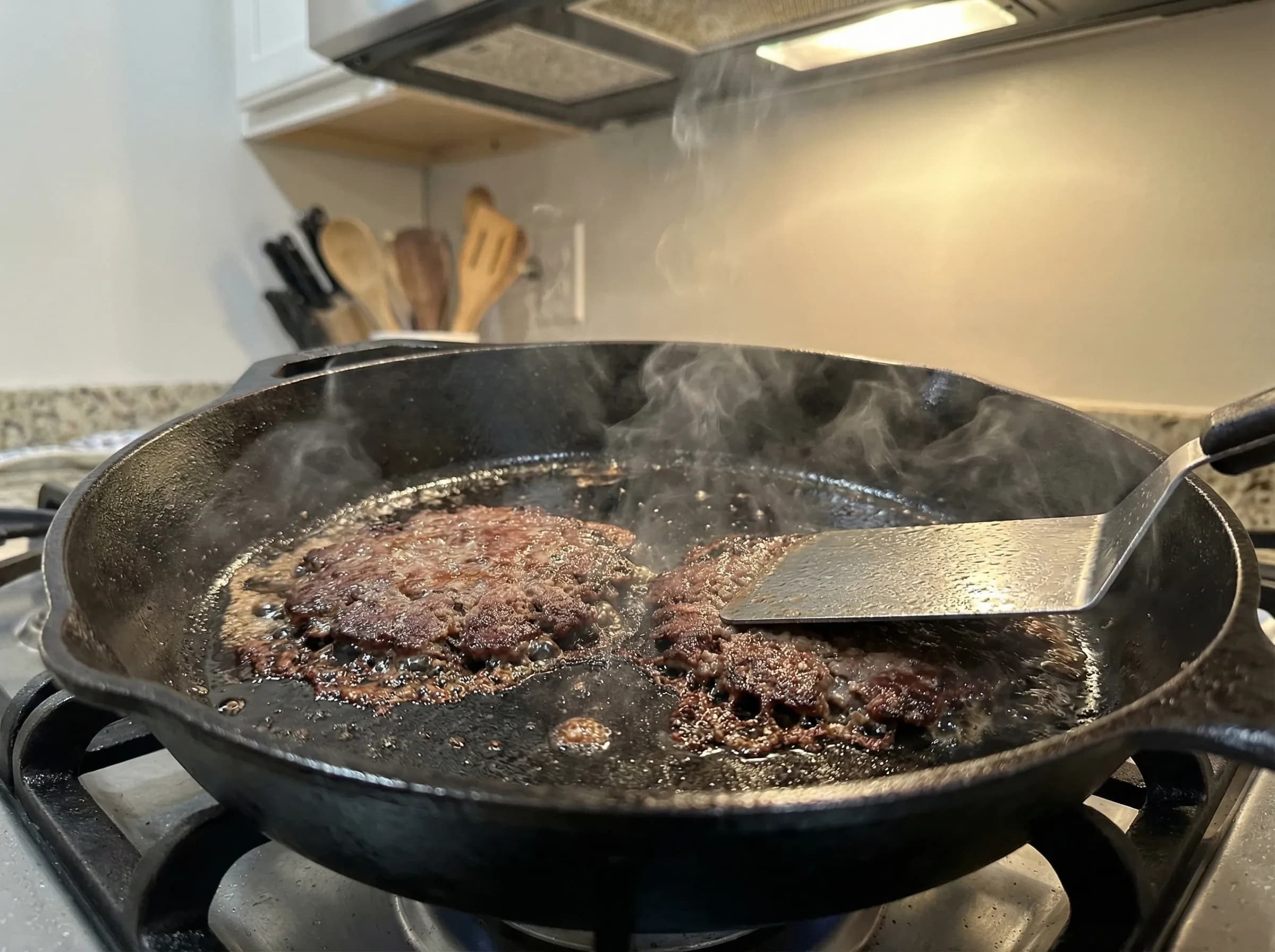 Smash burger cooking on seasoned cast iron griddle with metal spatula pressing down for crispy crust