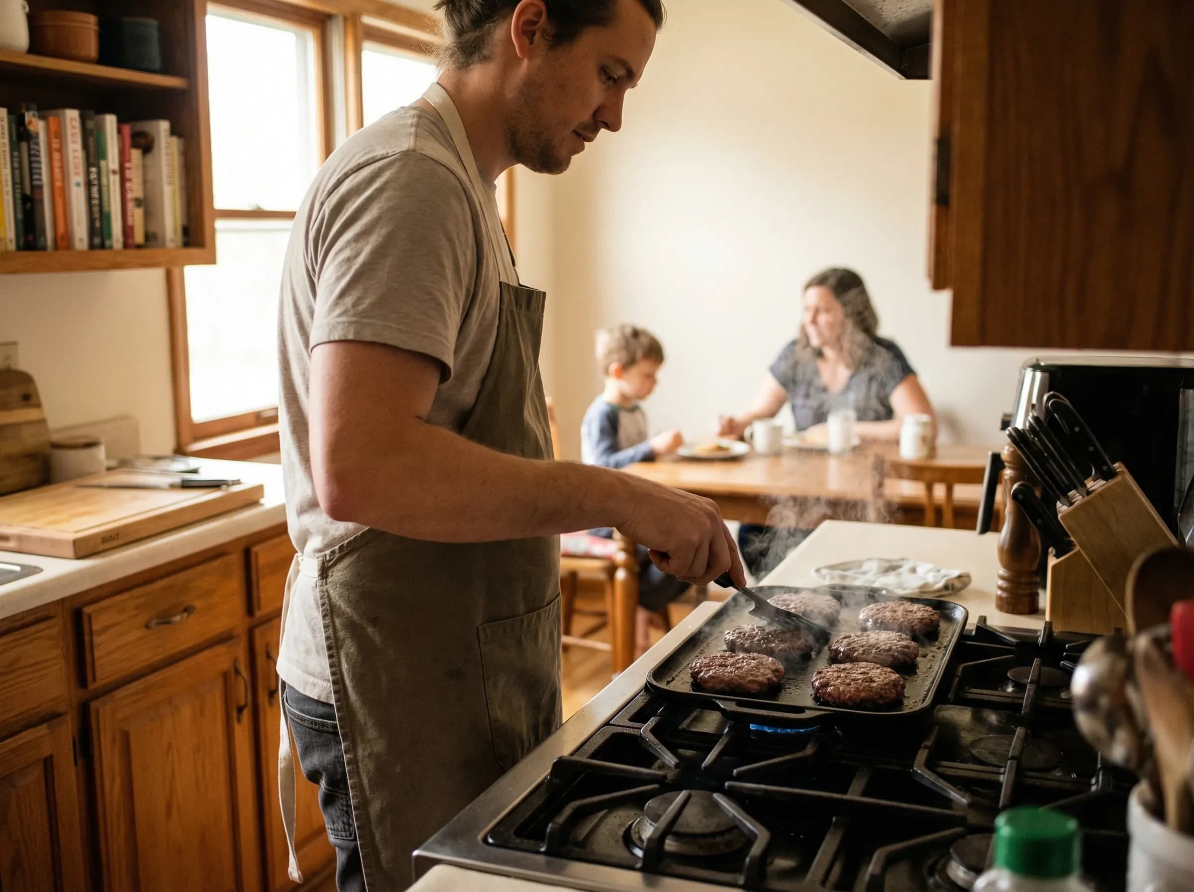 Home cook making burgers in cast iron skillet on stovetop
