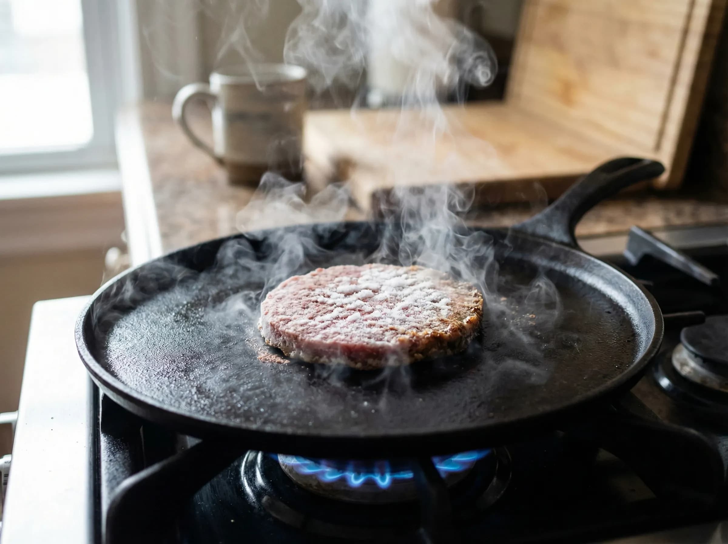 Frozen burger patty cooking directly on hot griddle with steam rising