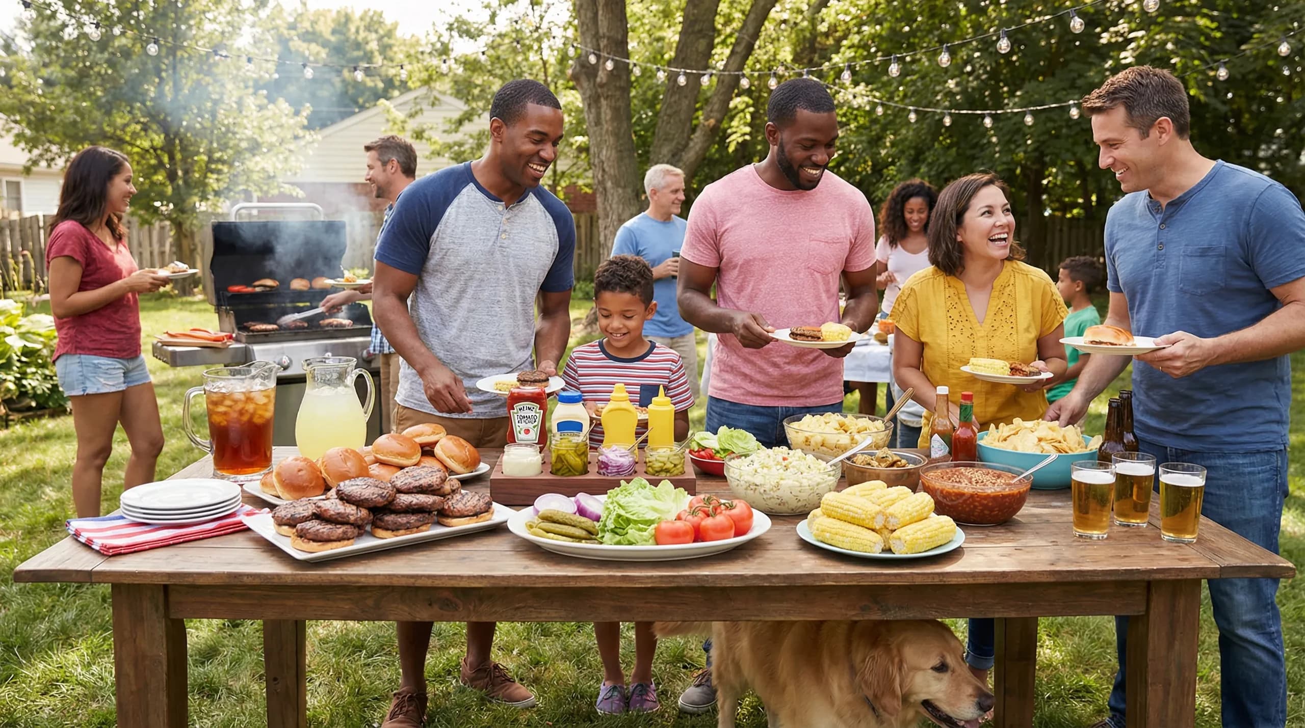 Backyard cookout table with burgers, multiple sides, drinks and condiments for summer party