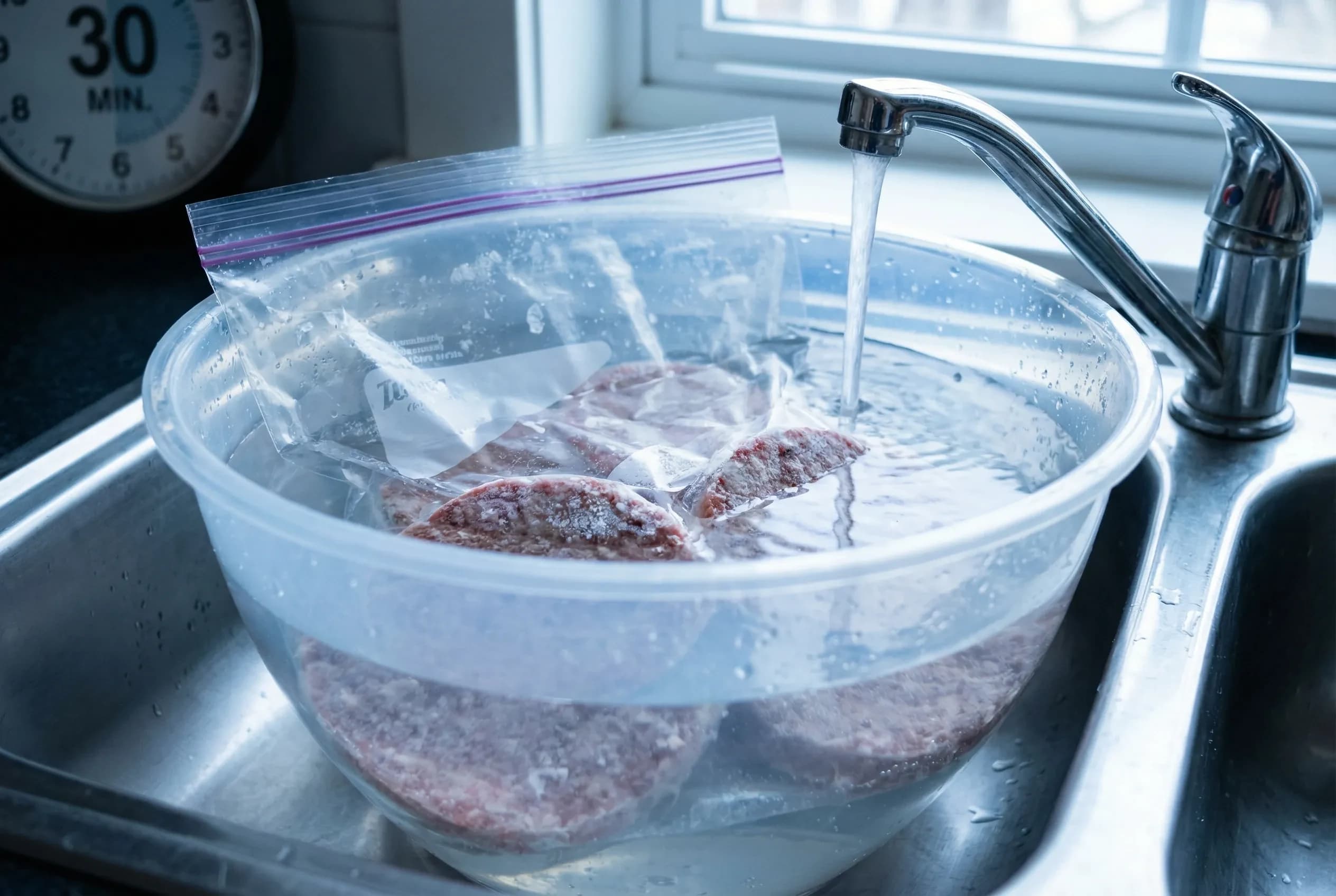 Sealed burger patties submerged in cold water bowl for safe quick defrosting