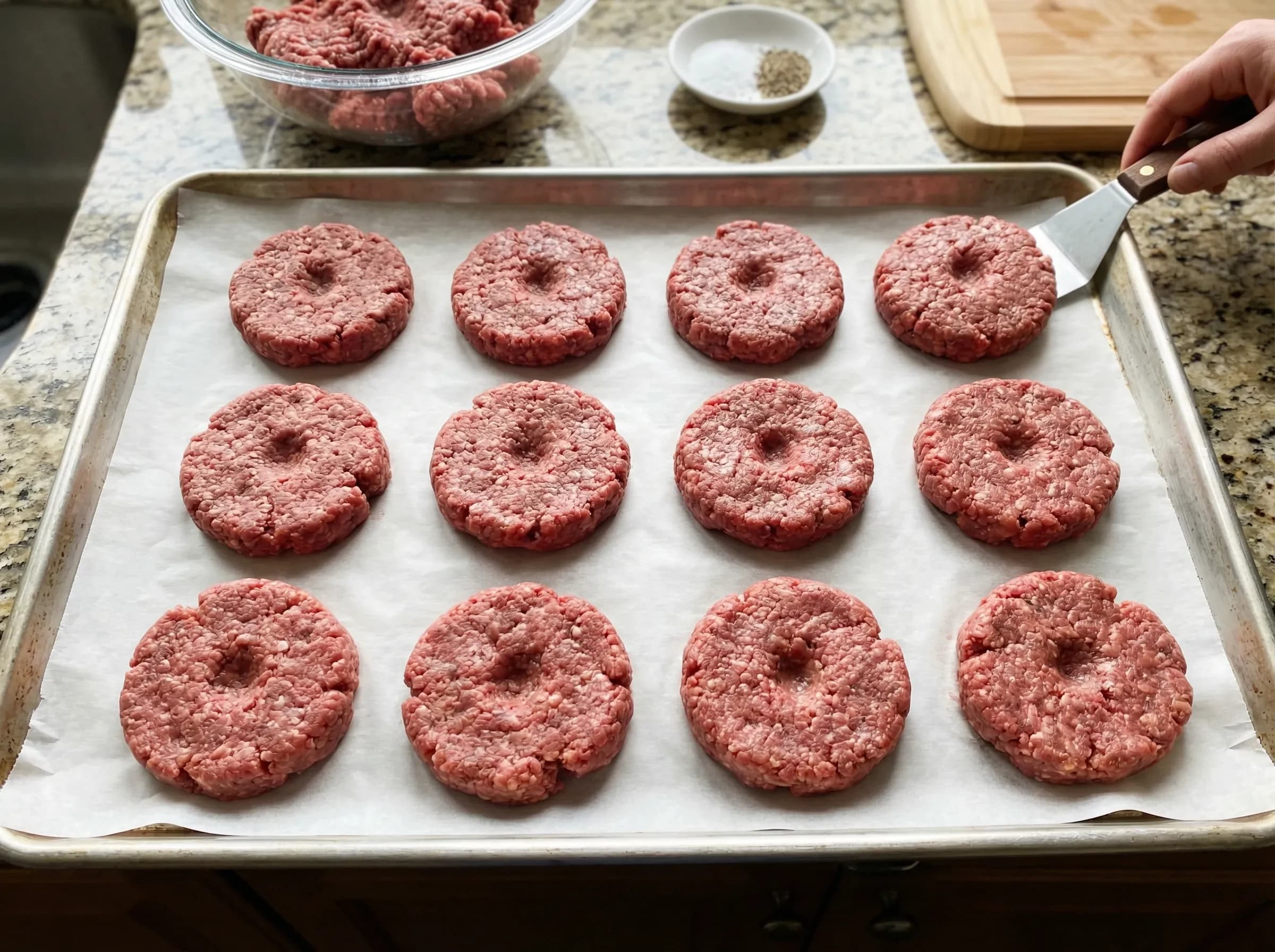 Freshly formed burger patties on parchment-lined baking sheet ready for refrigerator or freezer