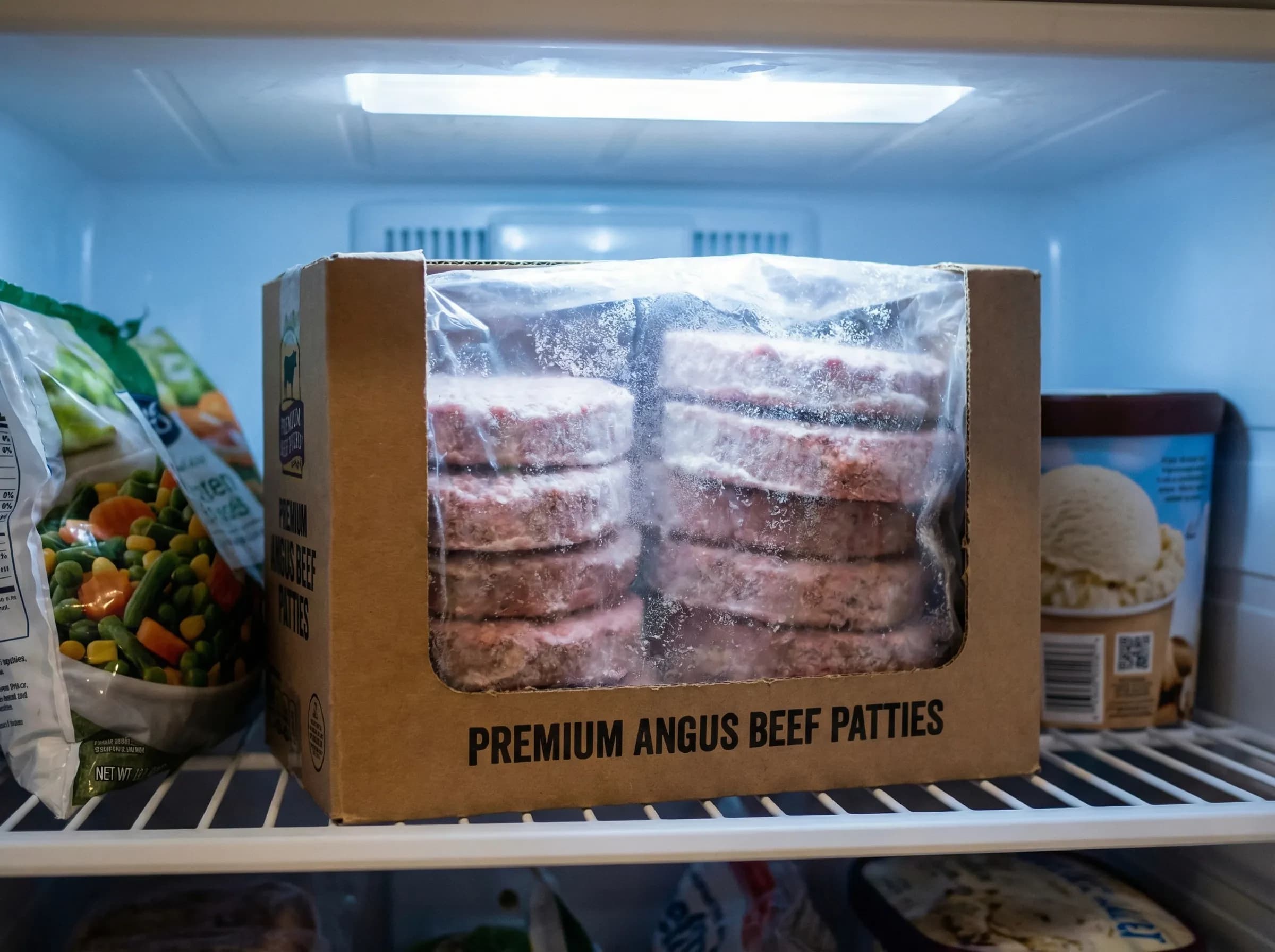 Package of frozen burger patties in freezer showing proper storage