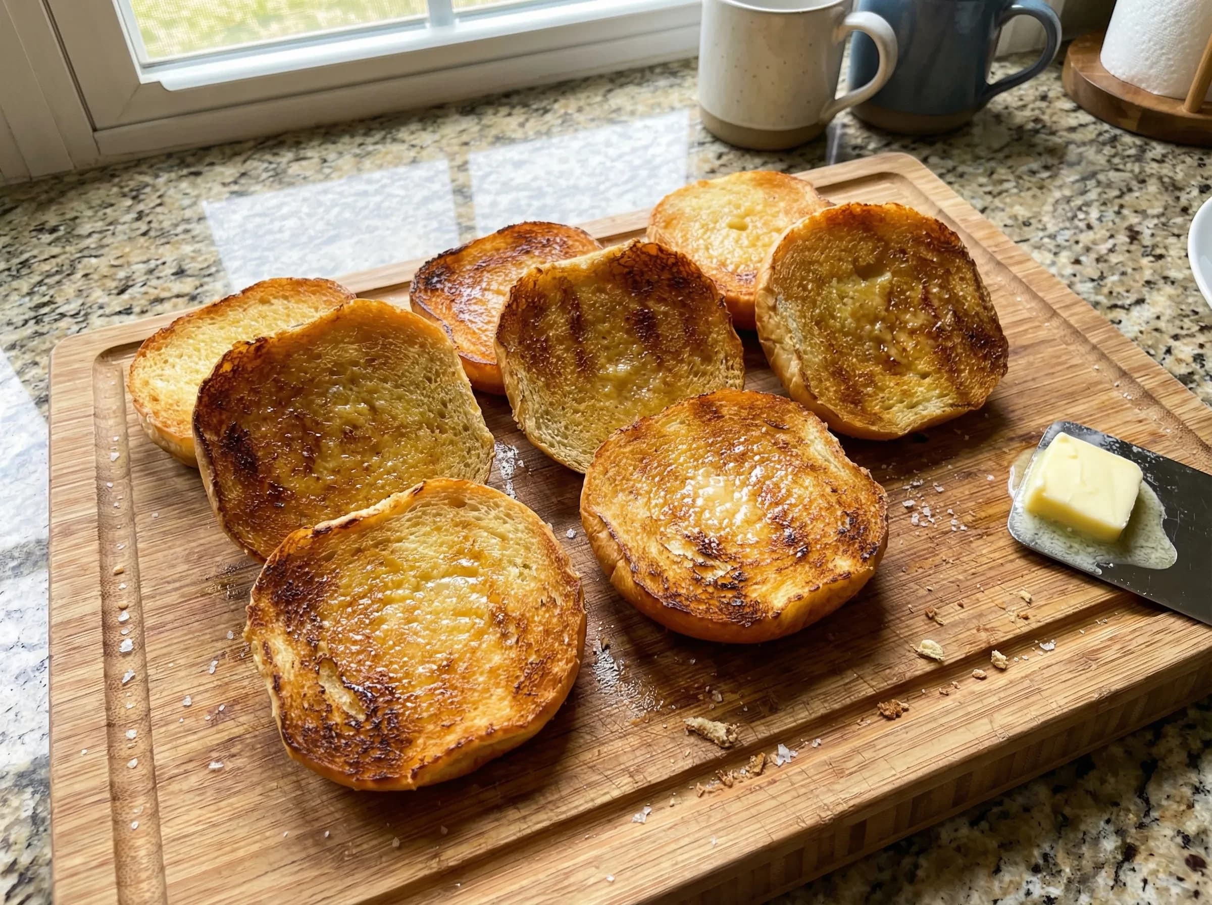 Perfectly golden toasted burger buns with caramelized surface