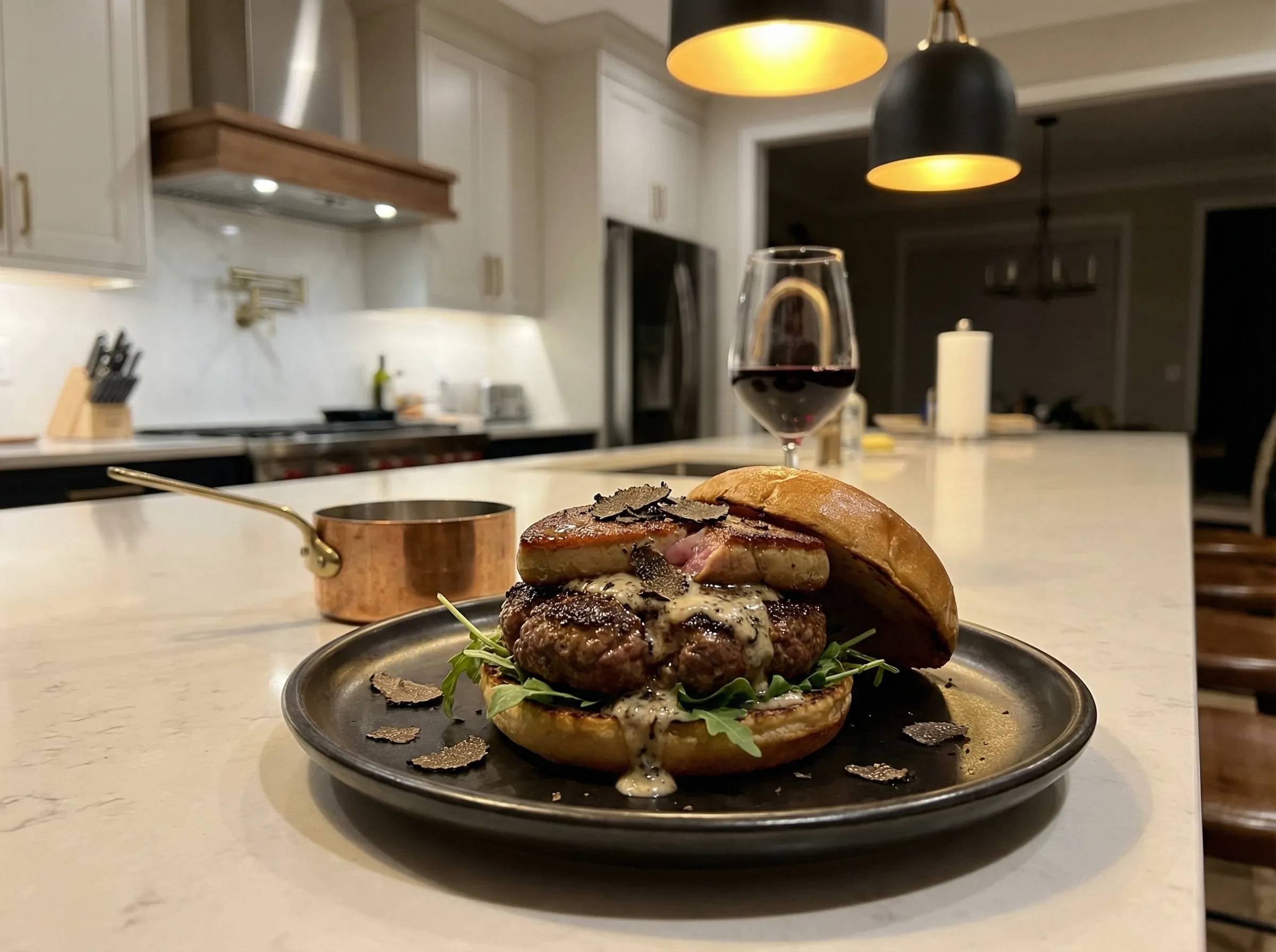 Gourmet burger topped with foie gras mousse and shaved black truffles