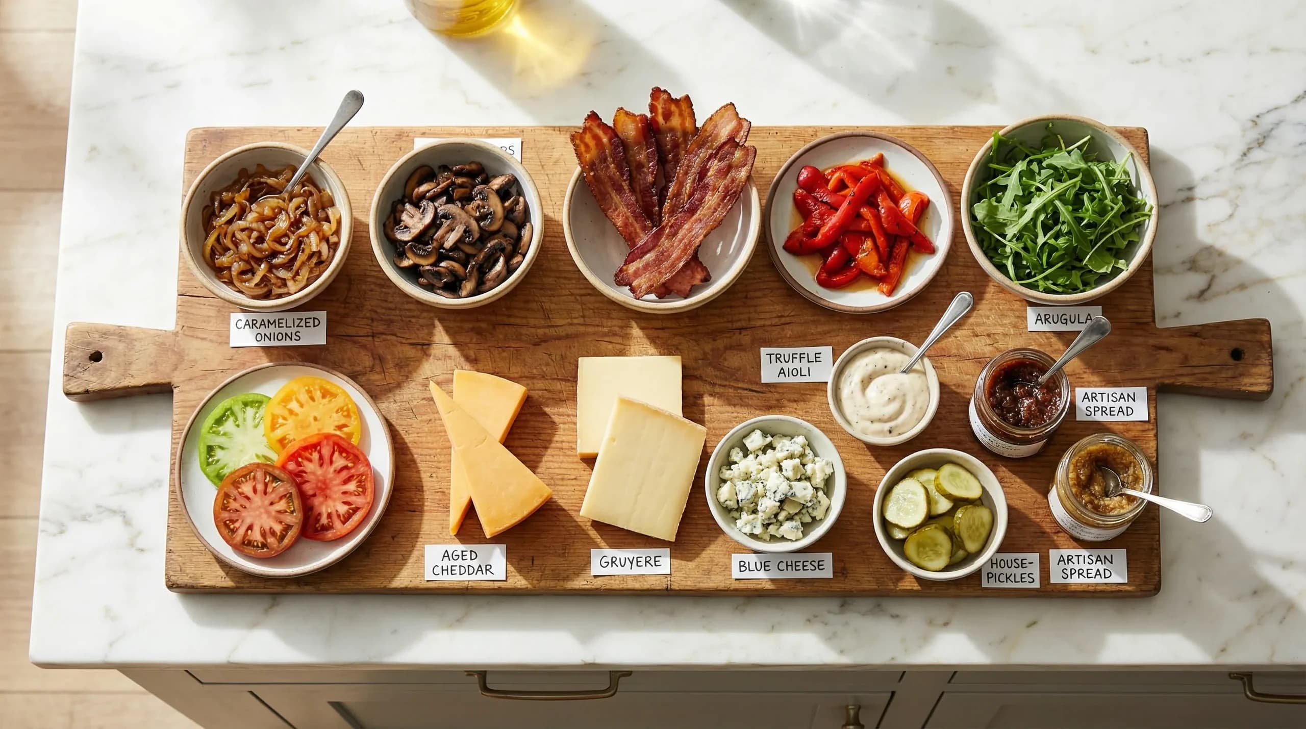 Variety of gourmet burger toppings including cheeses, sauces, and vegetables arranged on table