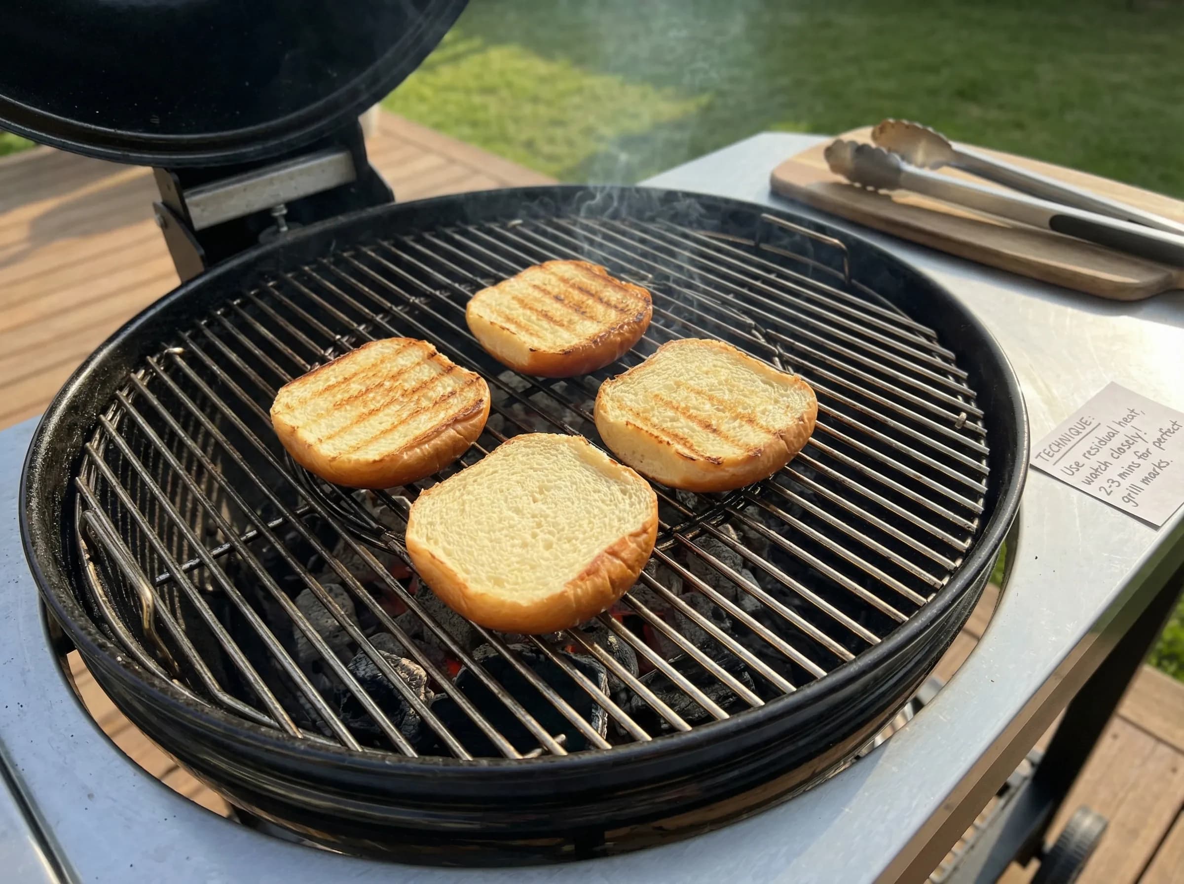 Burger buns toasting on outdoor grill with visible grill marks
