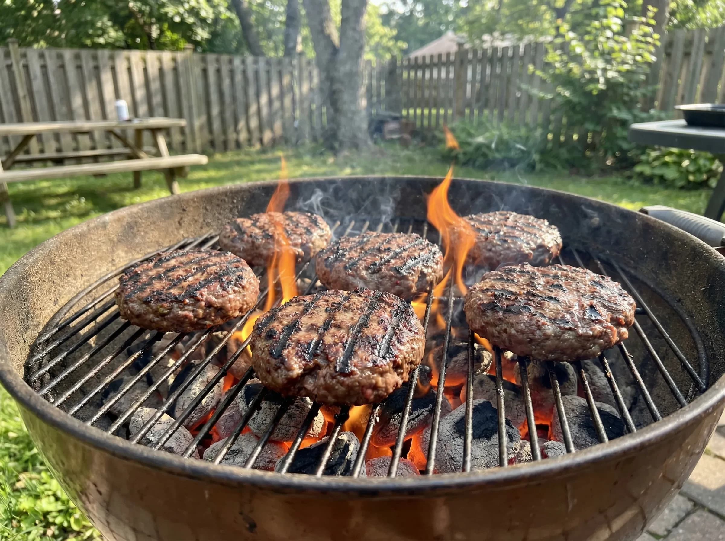 Thick burger patties grilling over charcoal with visible grill marks and smoke