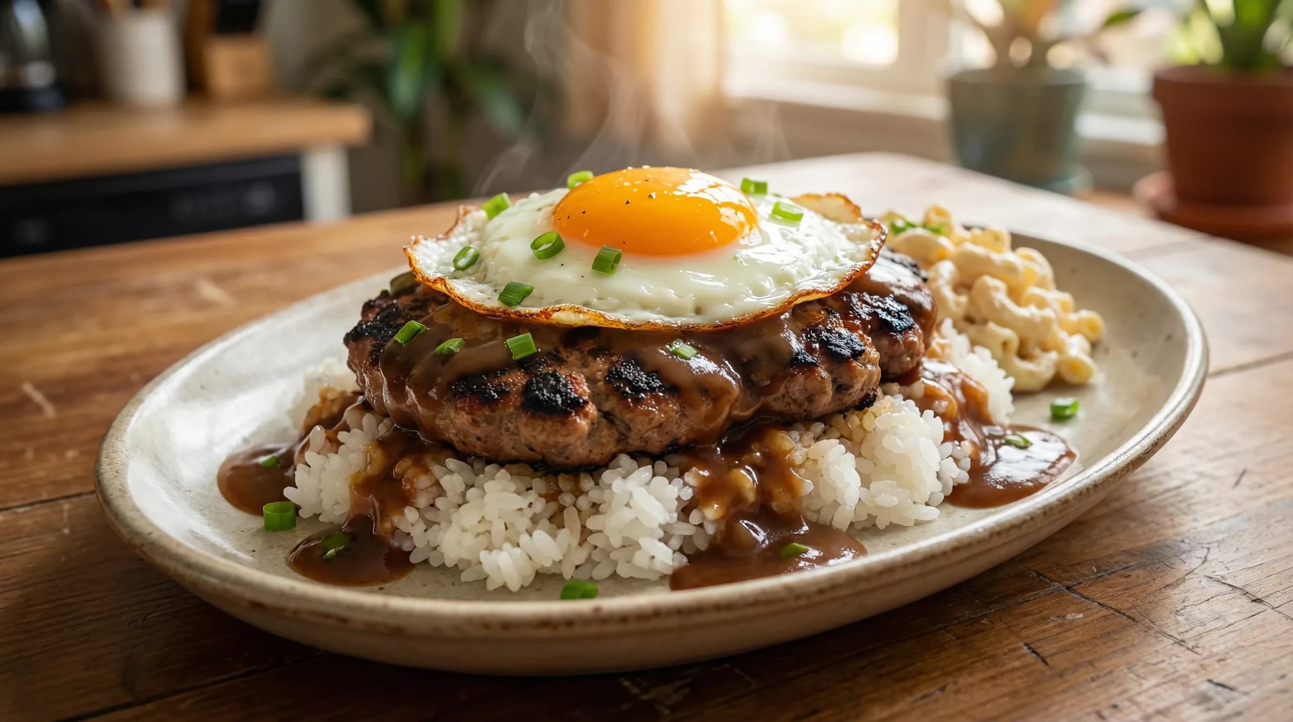 Hawaiian loco moco with hamburger patty on rice topped with brown gravy and fried egg