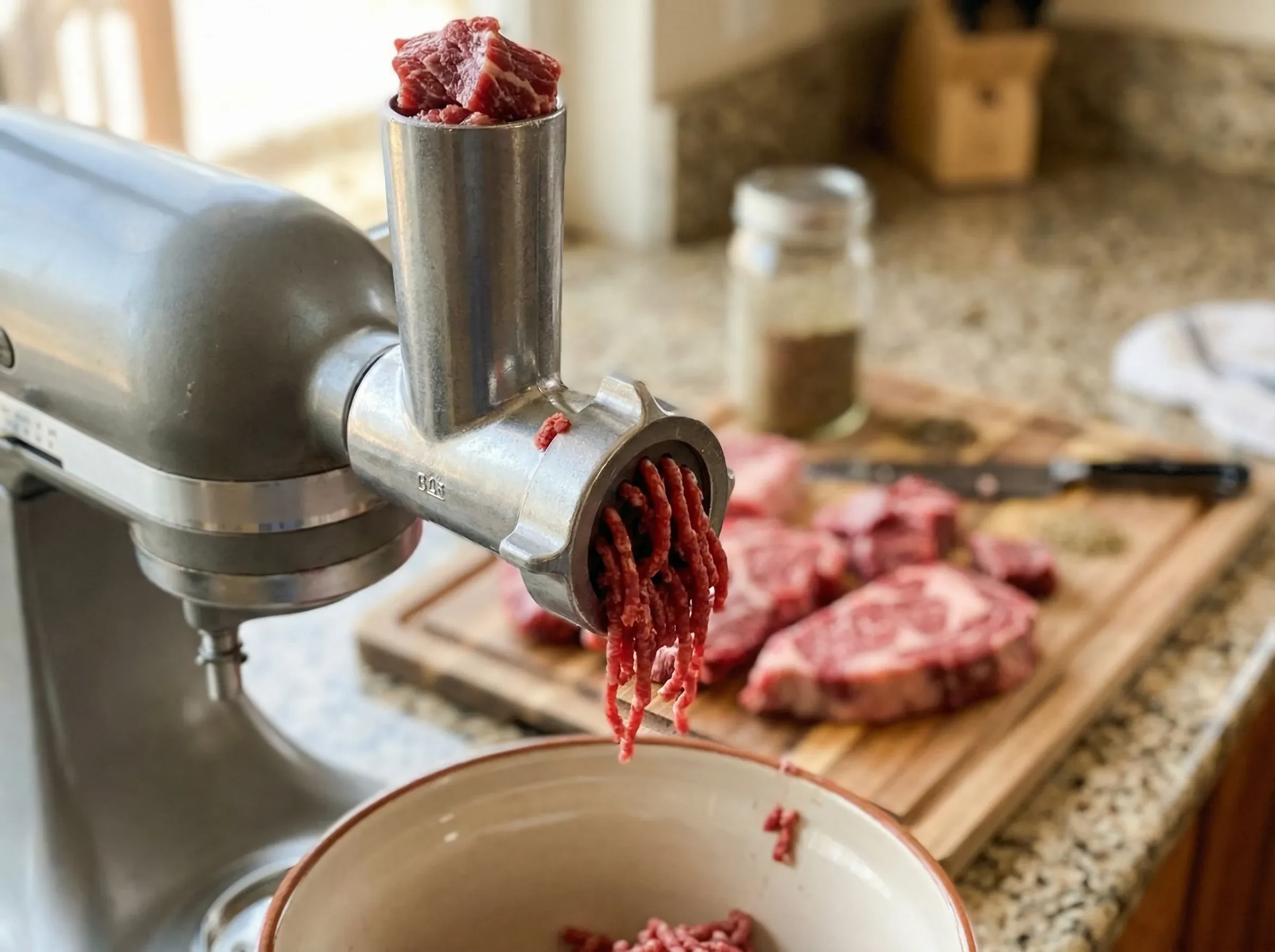 Stand mixer meat grinder attachment grinding fresh chuck for burger patties