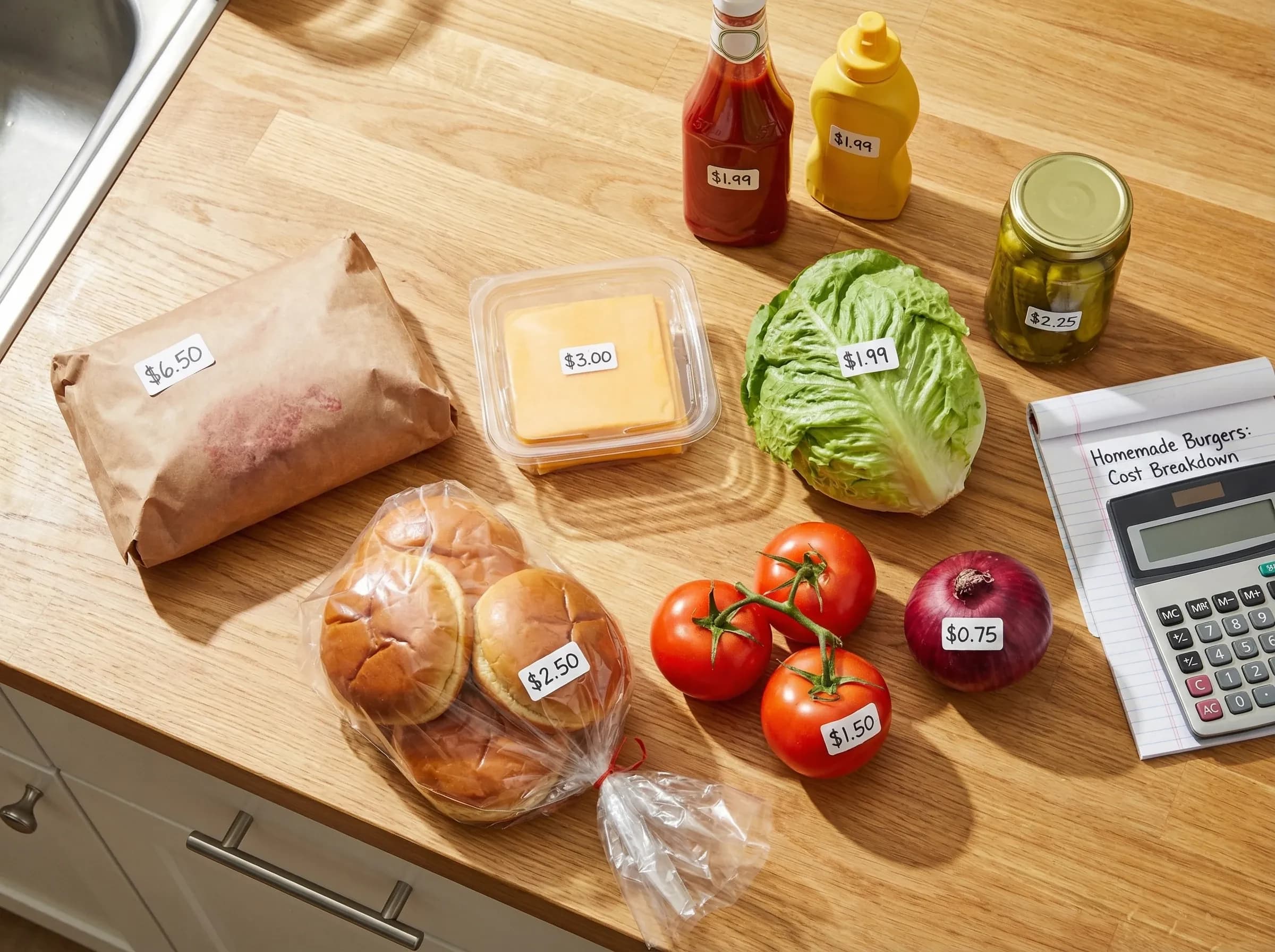 Cost breakdown of homemade burger ingredients including ground beef, buns, cheese, and toppings