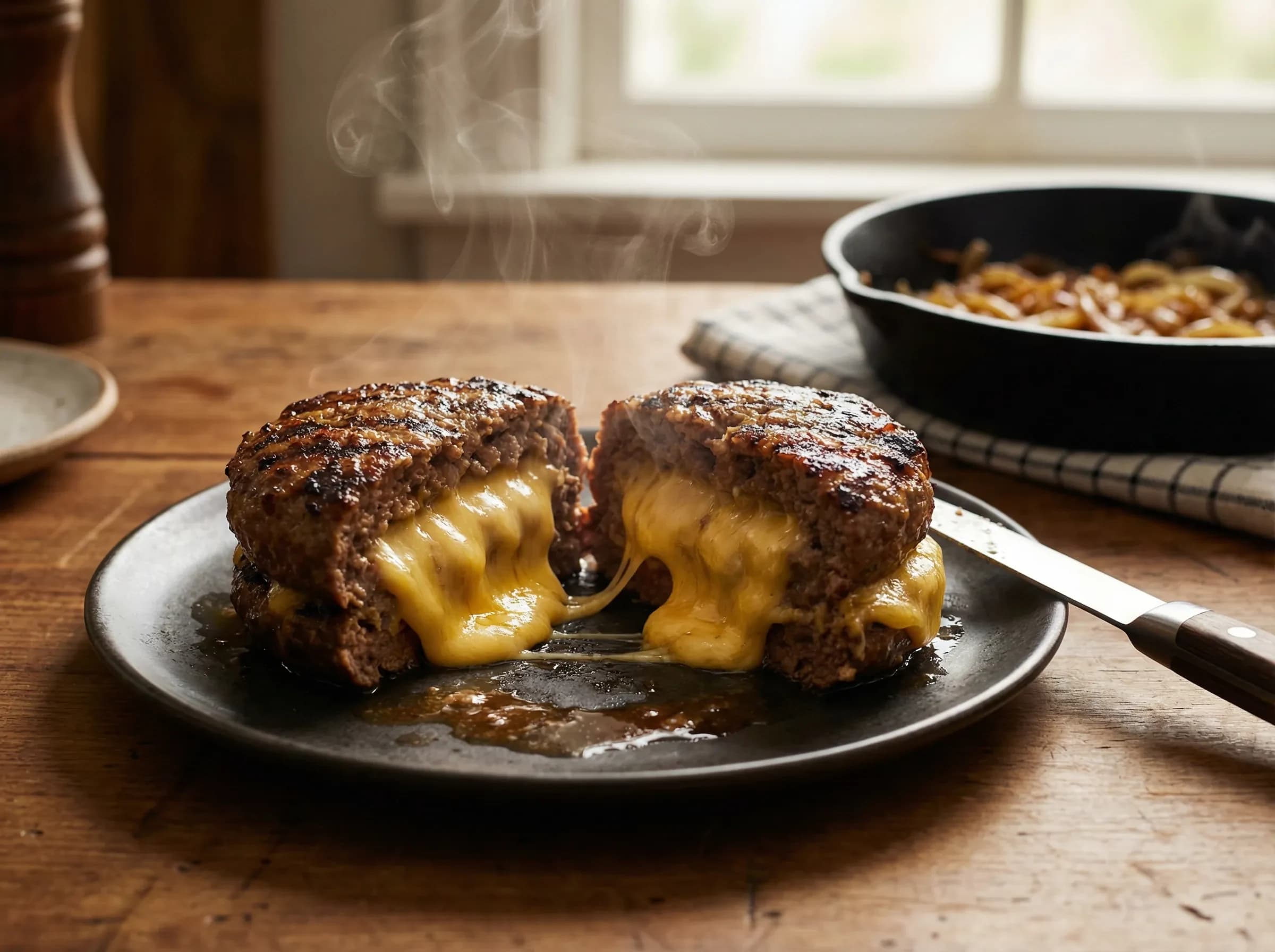 Juicy Lucy stuffed burger with molten cheese oozing out from center when bitten