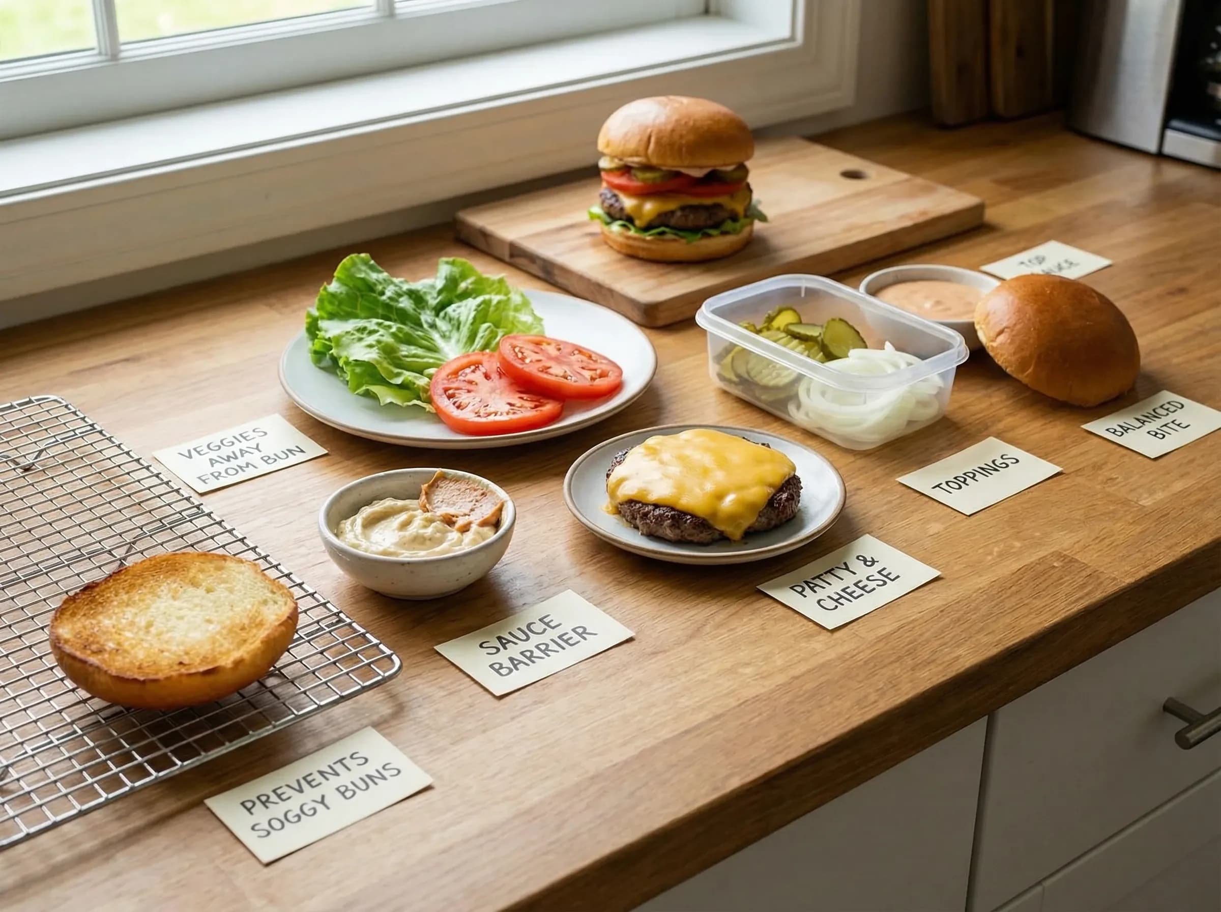 Diagram showing proper burger assembly order from bottom bun to top with labeled layers