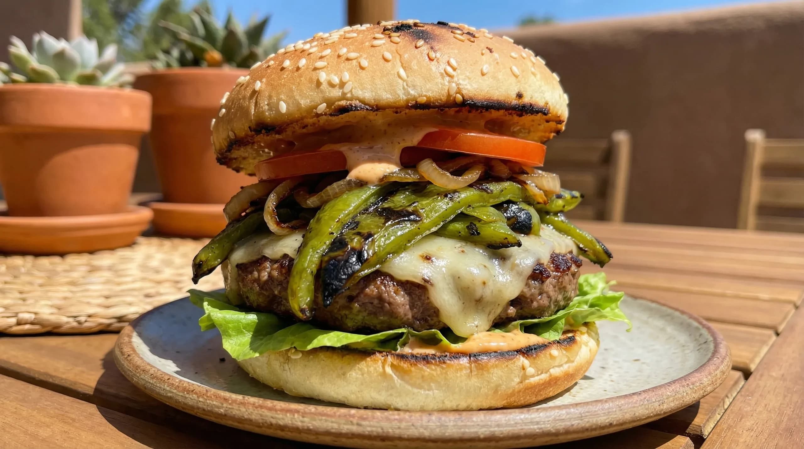 New Mexico green chile cheeseburger with roasted Hatch green chiles and melted cheese