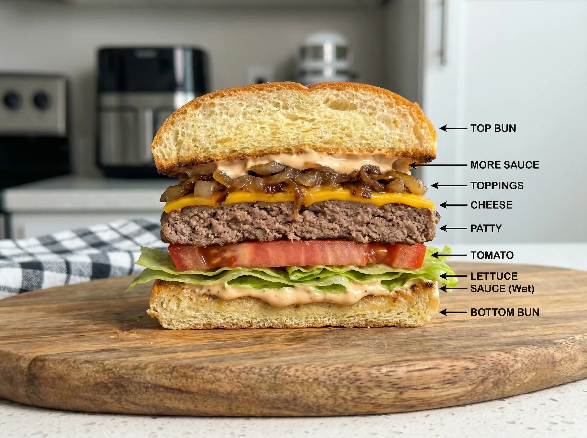 Cross-section of properly assembled gourmet burger showing layered ingredients