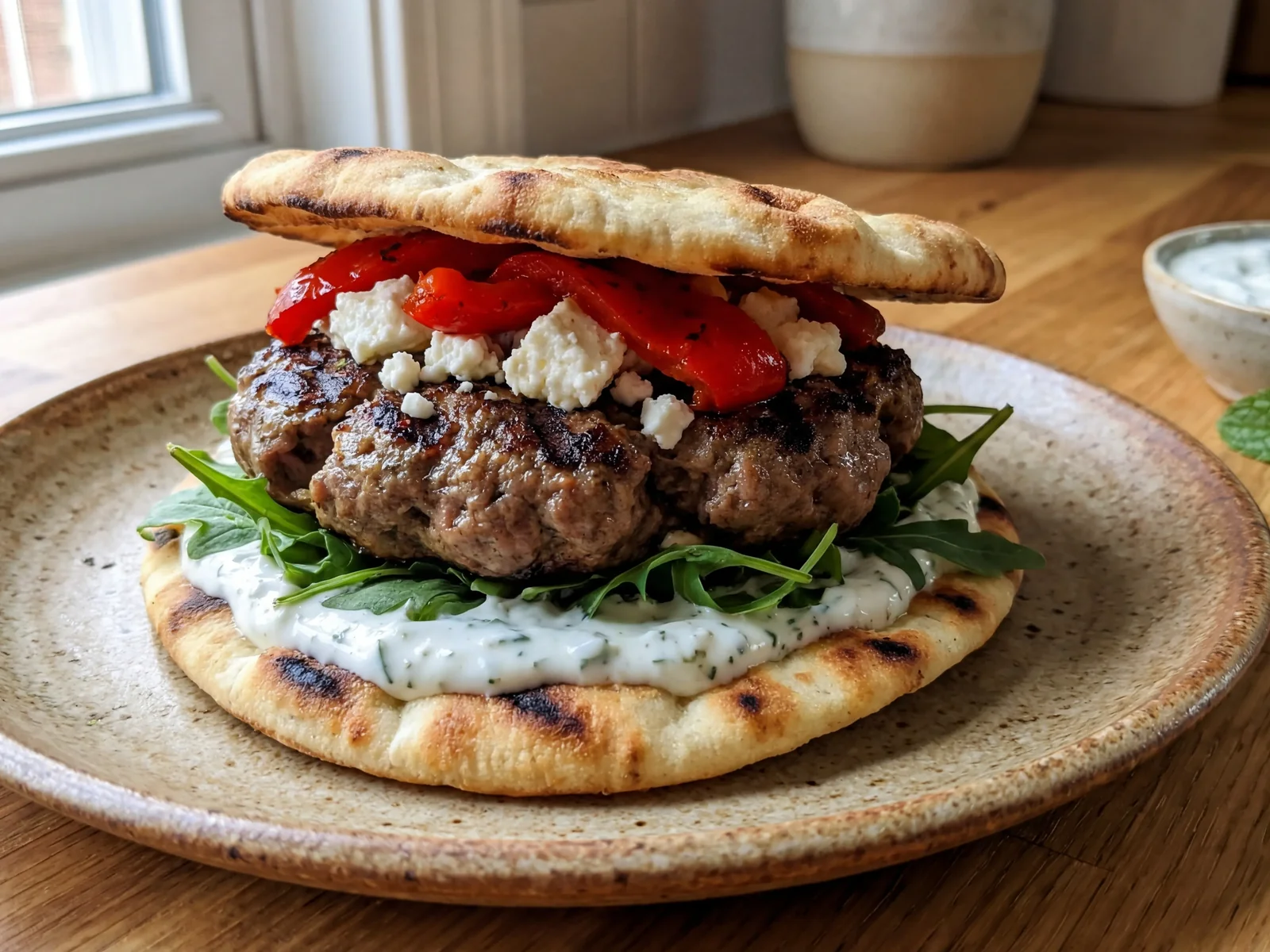 Greek Lamb Burger with Feta and Roasted Peppers