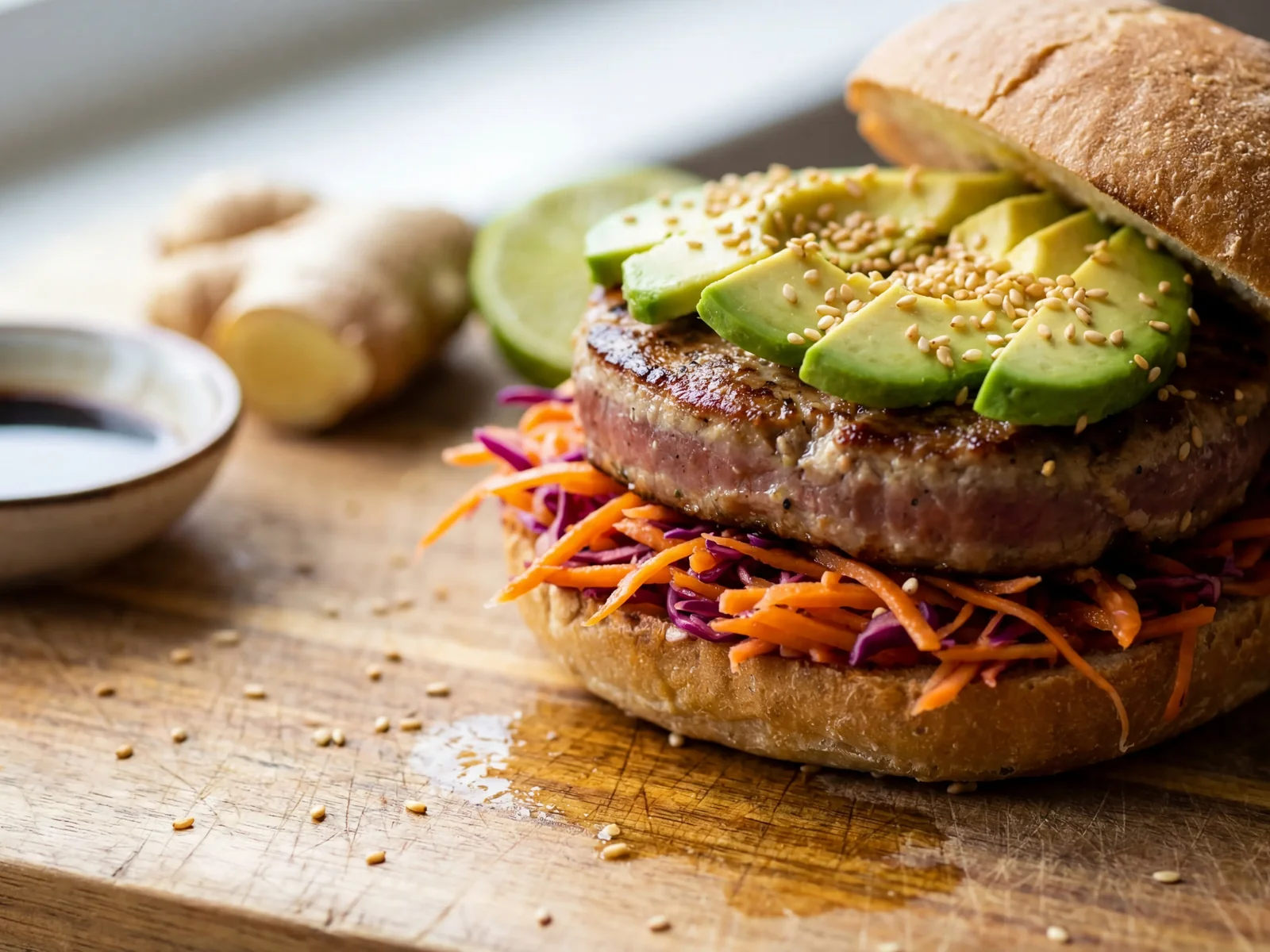 Asian-Style Tuna Burger with Ginger Slaw