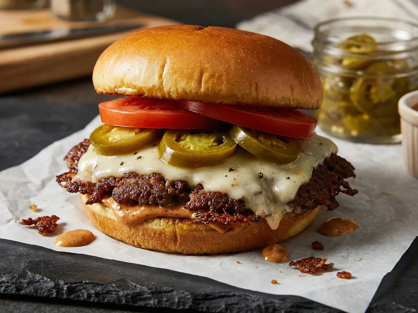 Jalapeño Pepper Jack Smash Burger with Chipotle Mayo