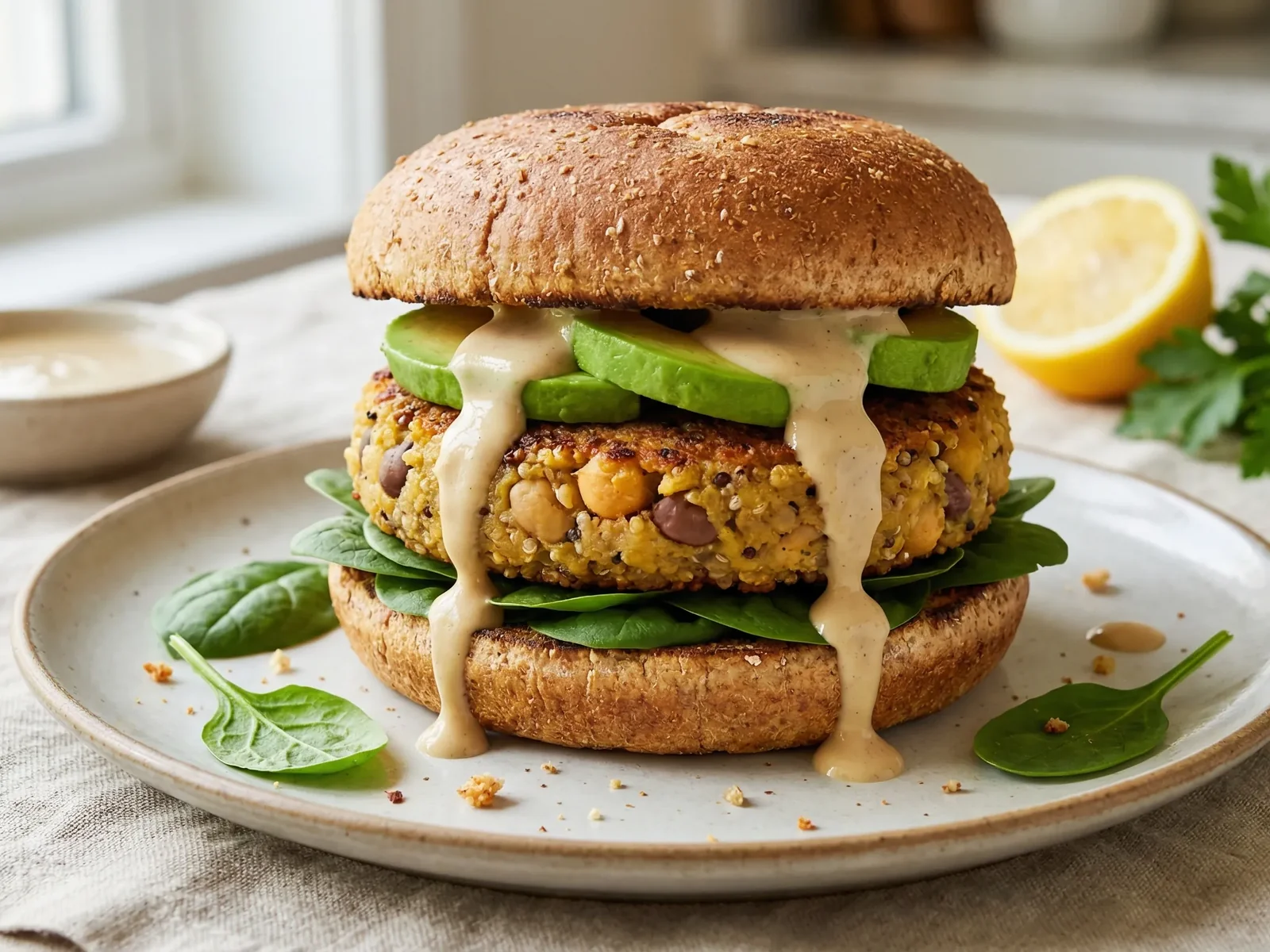 Chickpea Quinoa Veggie Burger with Lemon Tahini