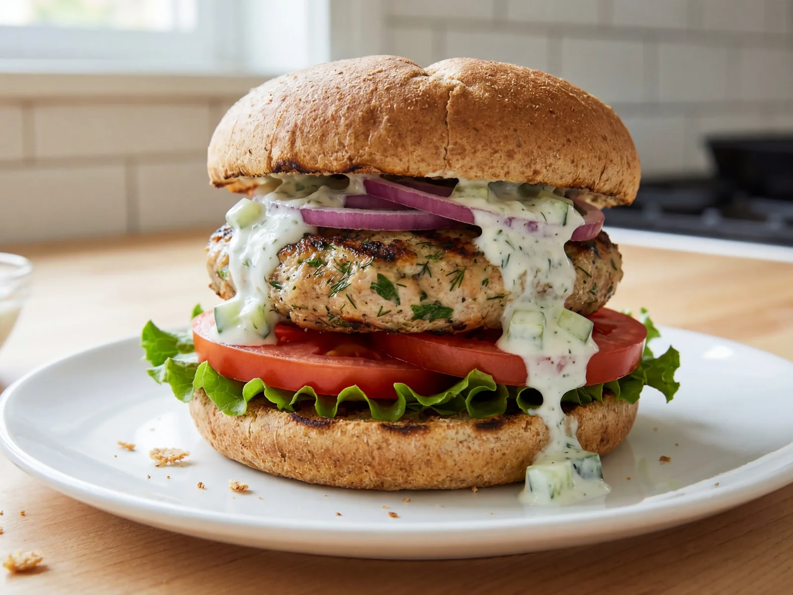 Lemon Herb Turkey Burger with Cucumber Yogurt