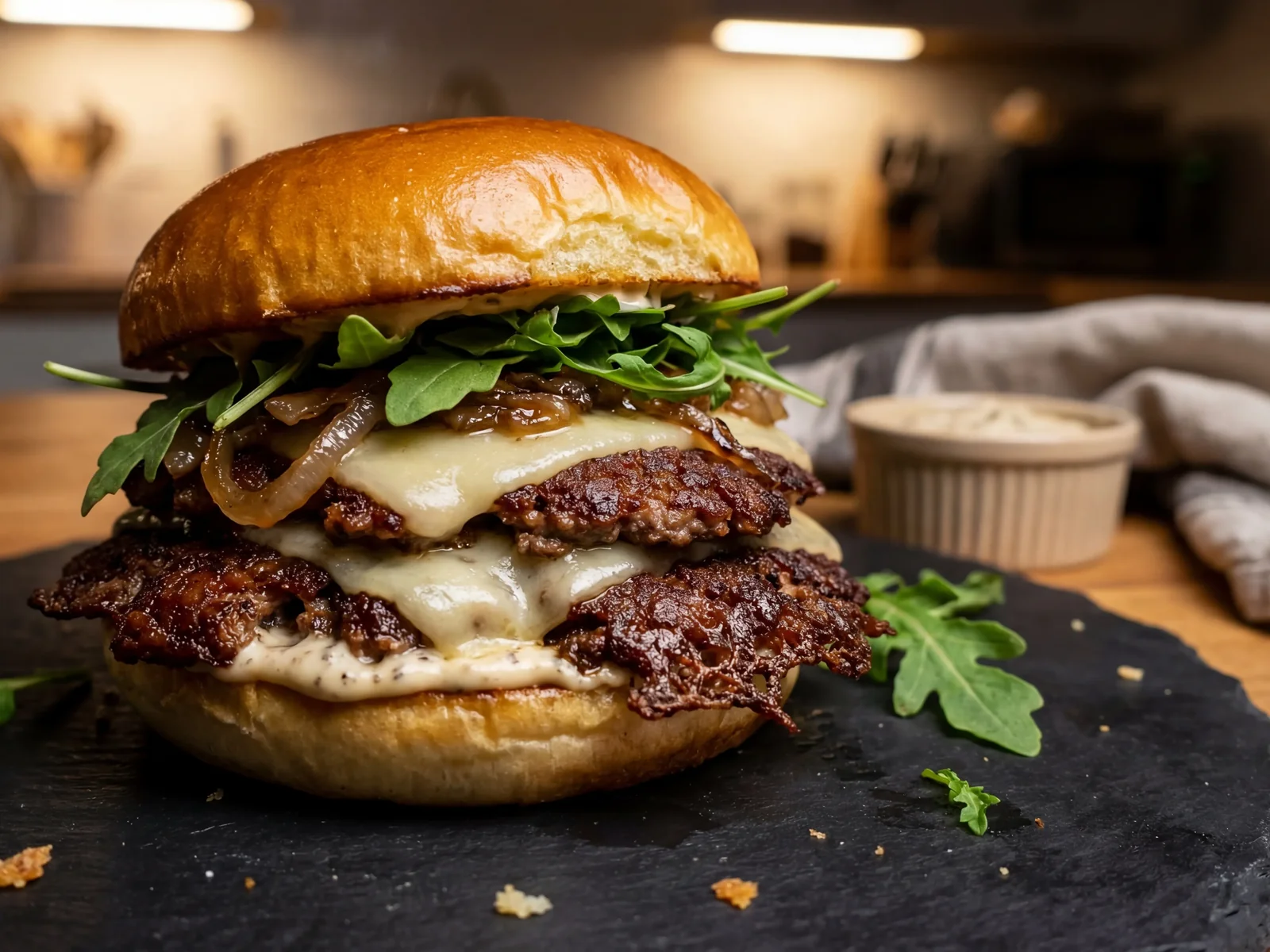 Truffle Smash Burger with Gruyère and Shallots