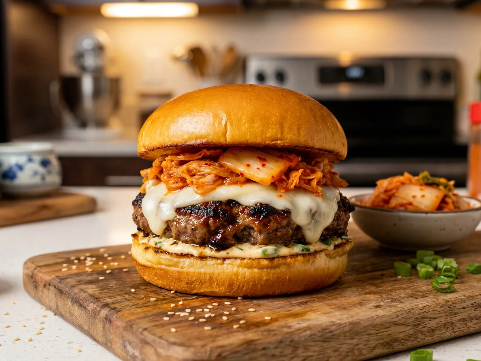 Bulgogi Burger with Kimchi and Sesame Mayo
