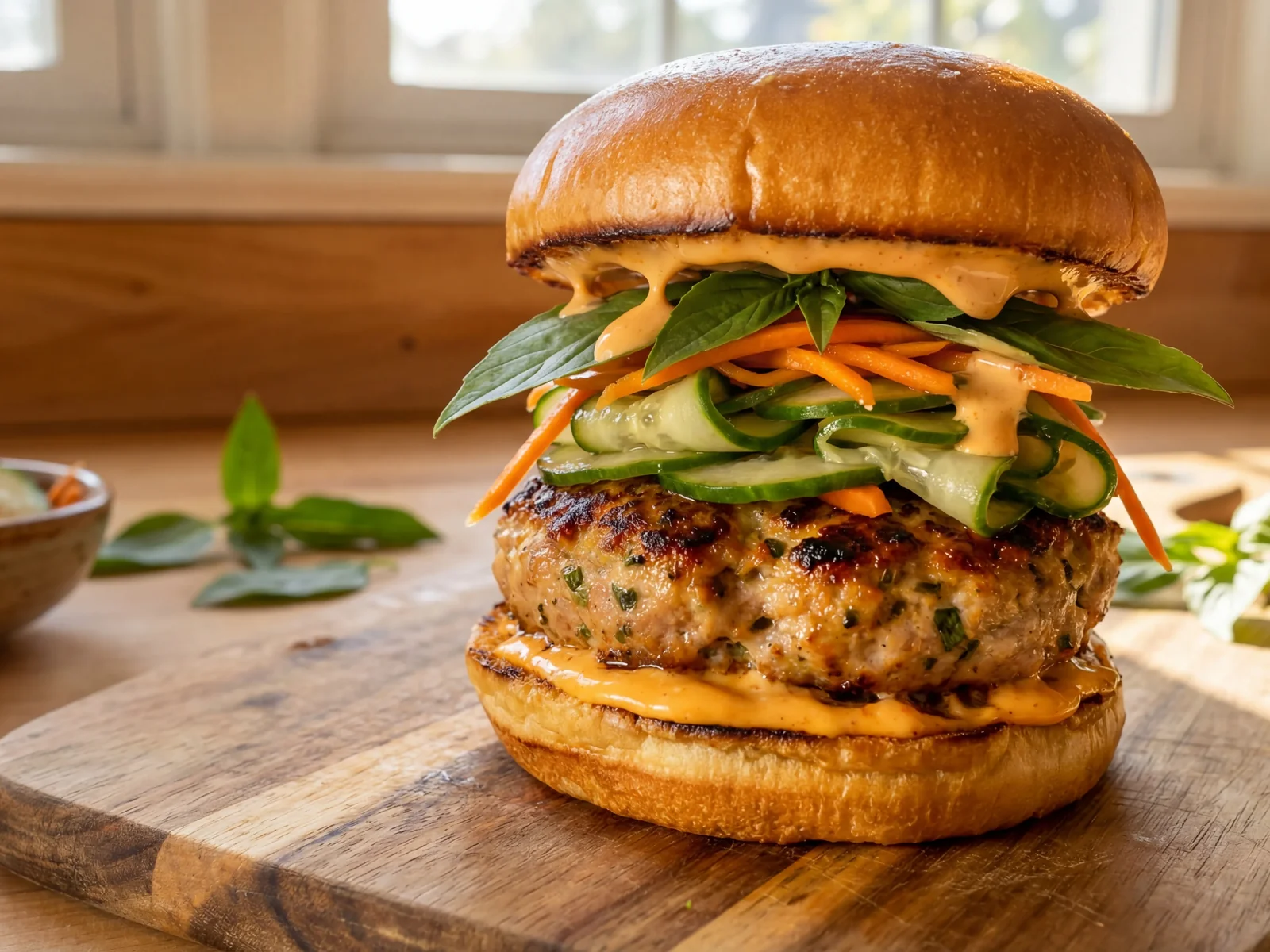 Thai Lemongrass Pork Burger with Basil and Sriracha Mayo