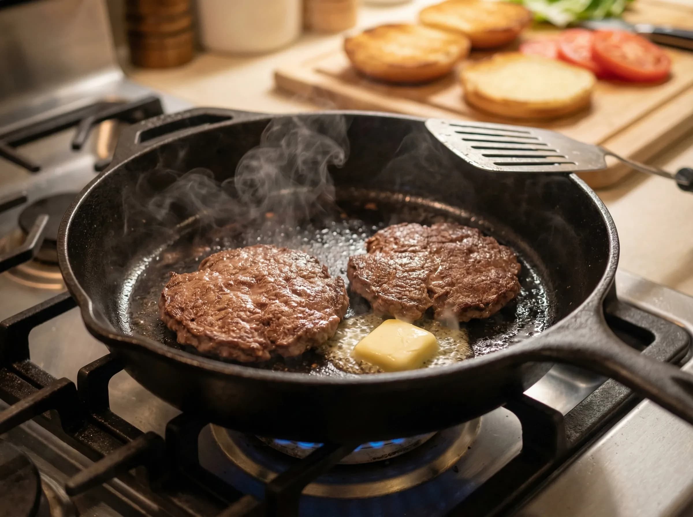 Burger patty reheating in covered skillet with steam for moisture retention