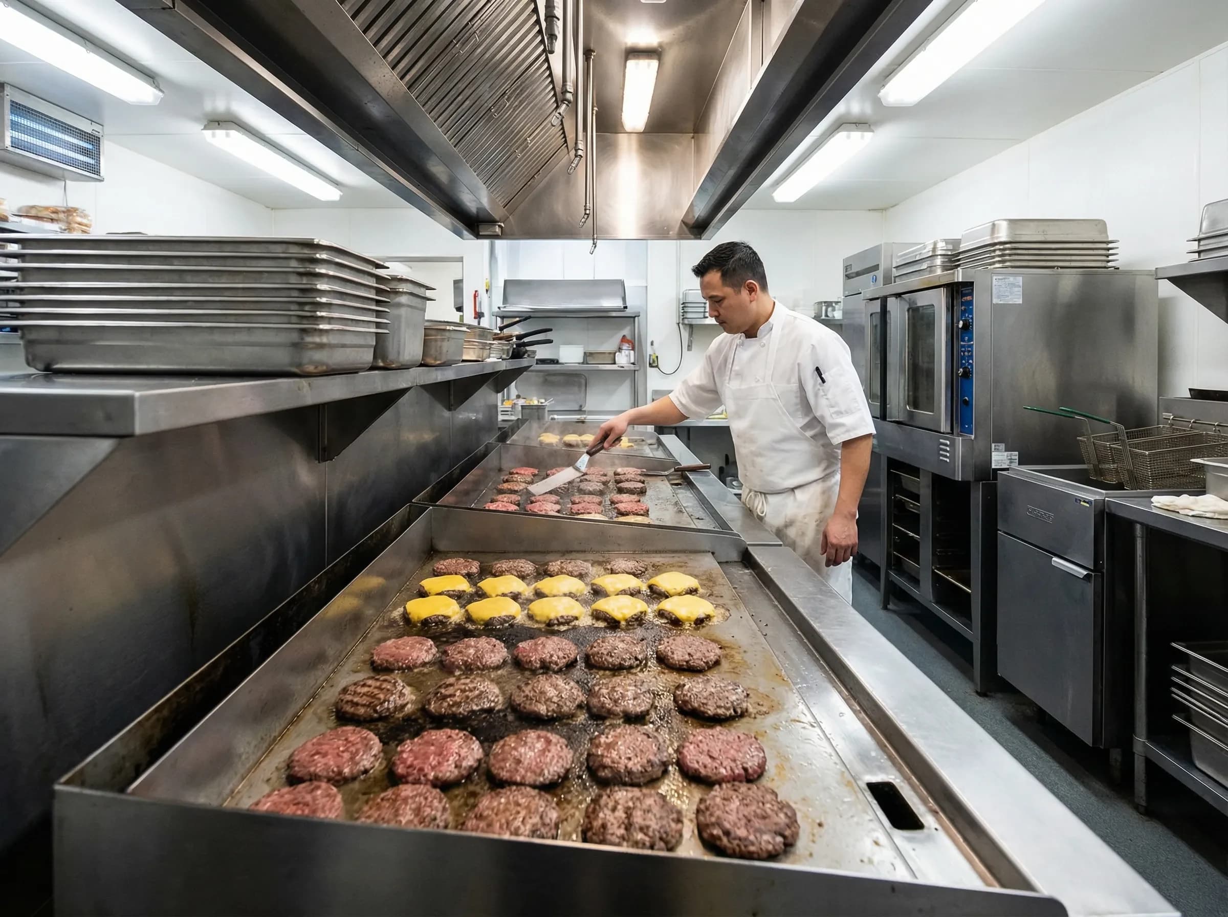 Professional chef cooking multiple burgers on commercial flat-top griddle