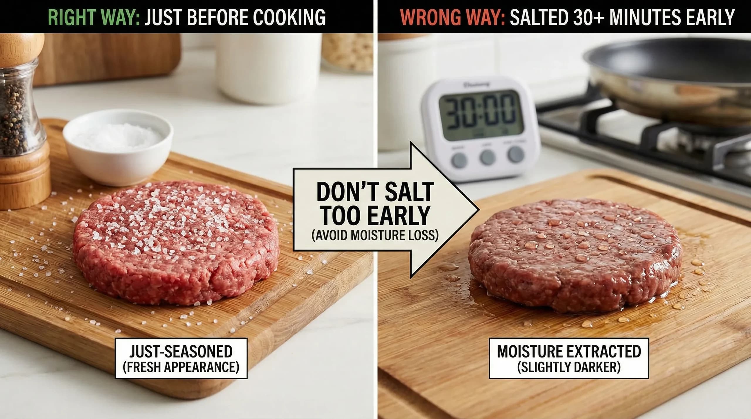 Burger patty being seasoned immediately before hitting the grill