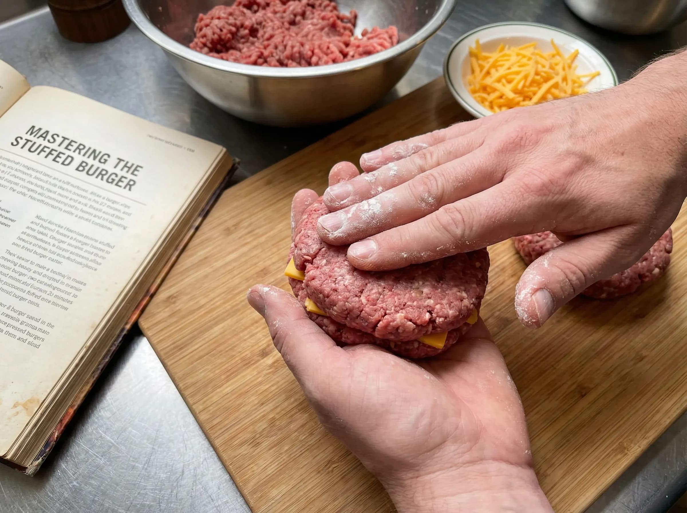 Hands pressing and sealing edges of cheese-stuffed burger patty