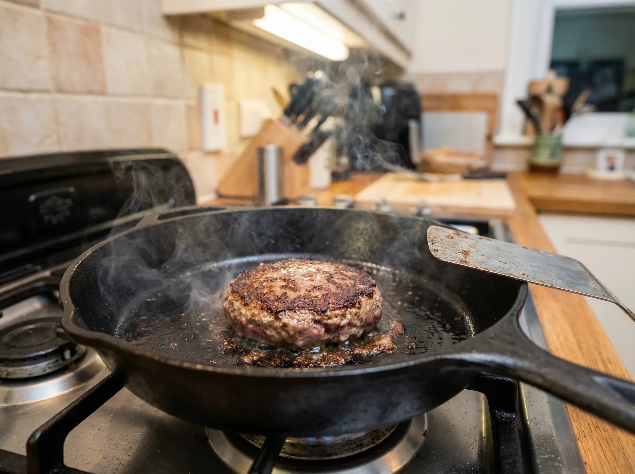 Burger patty searing on hot cast iron skillet with perfect crust formation
