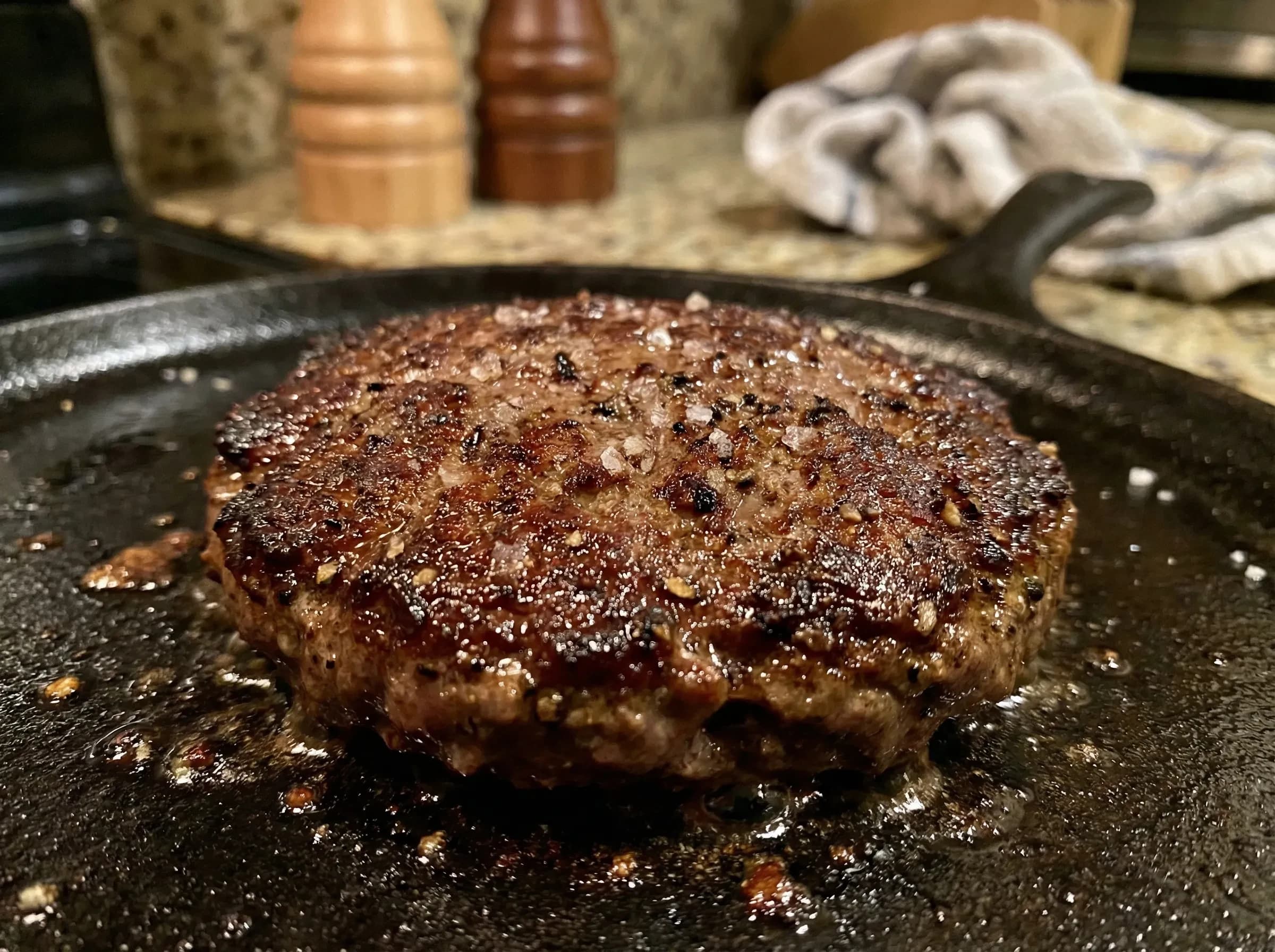 Perfectly seasoned burger with caramelized crust on hot griddle