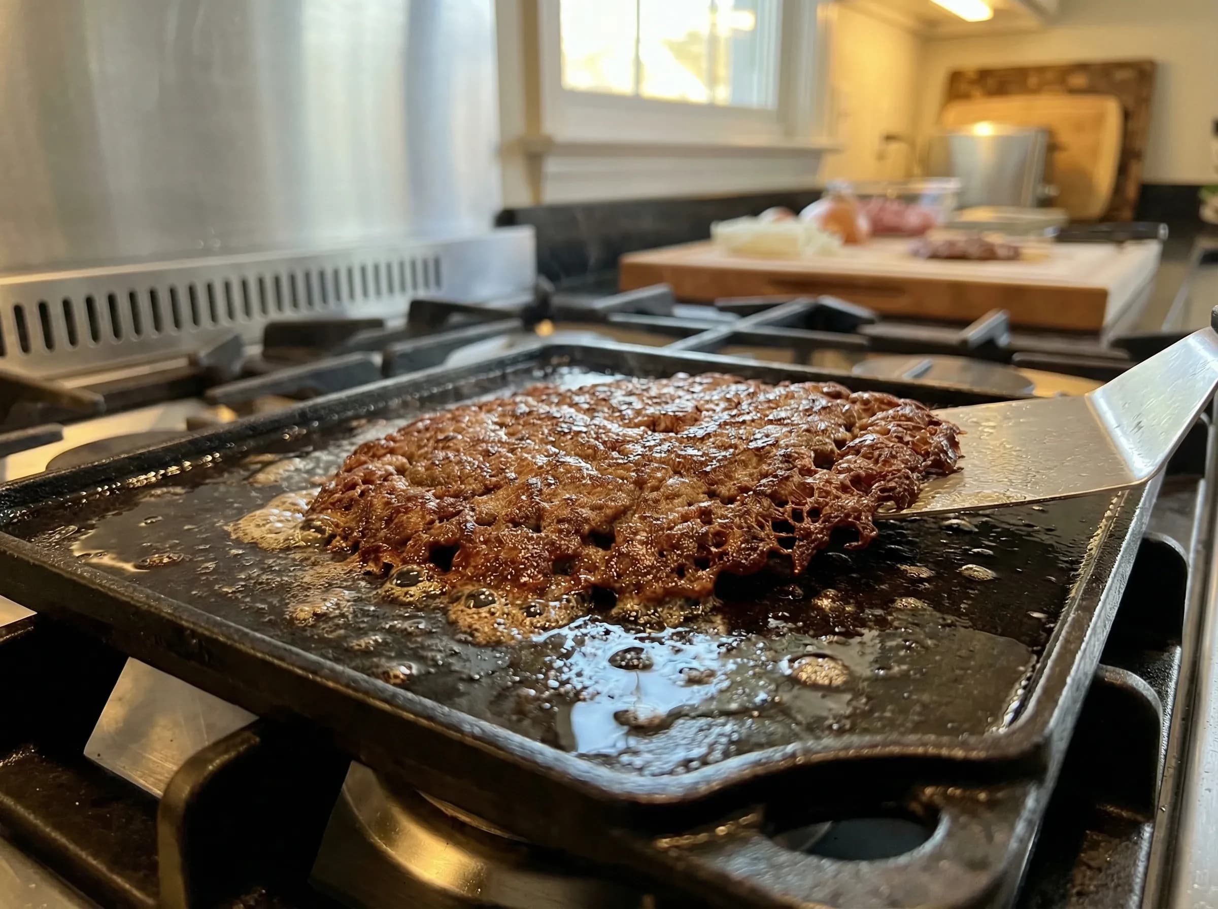 Smash burger with crisp, lacy edges from full contact with a hot griddle