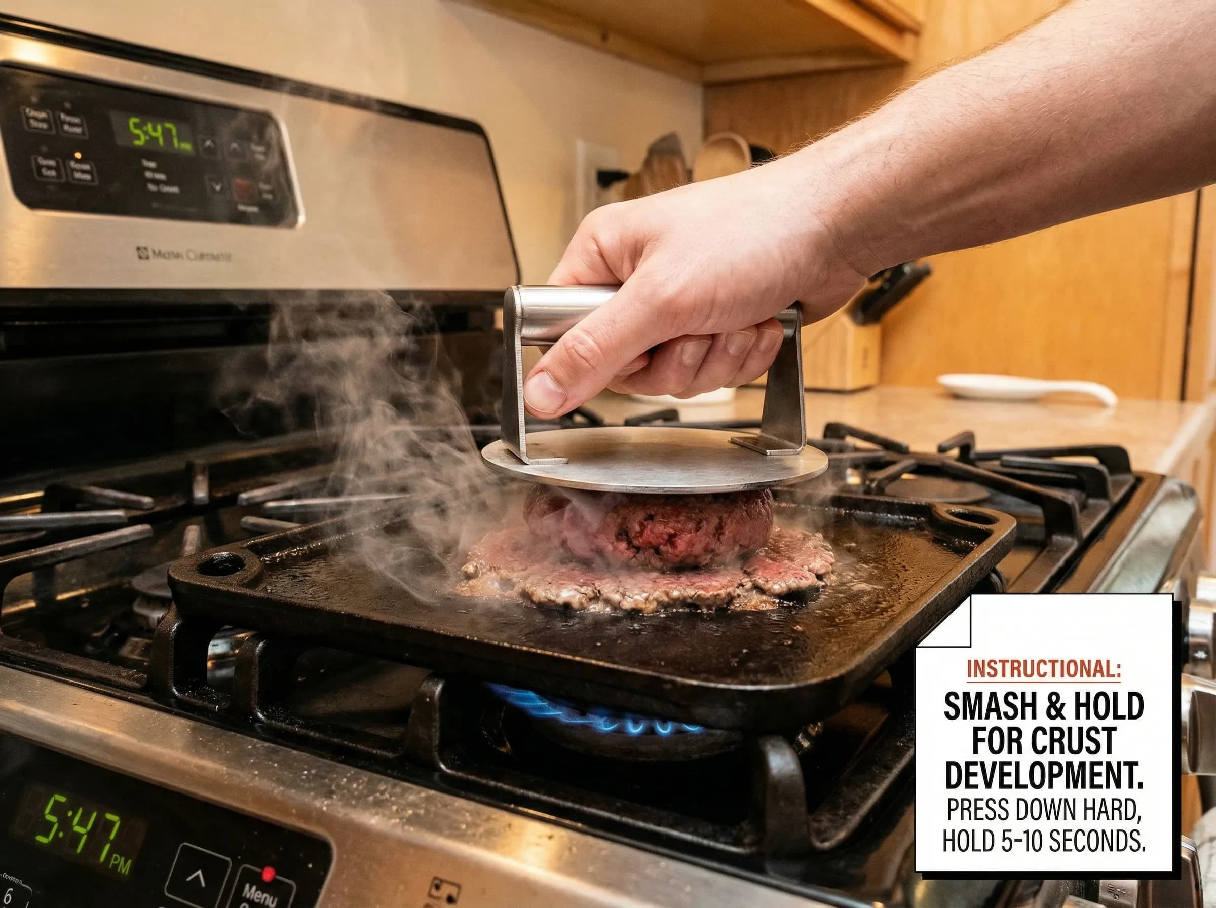 Burger being smashed onto hot griddle with metal spatula showing proper technique
