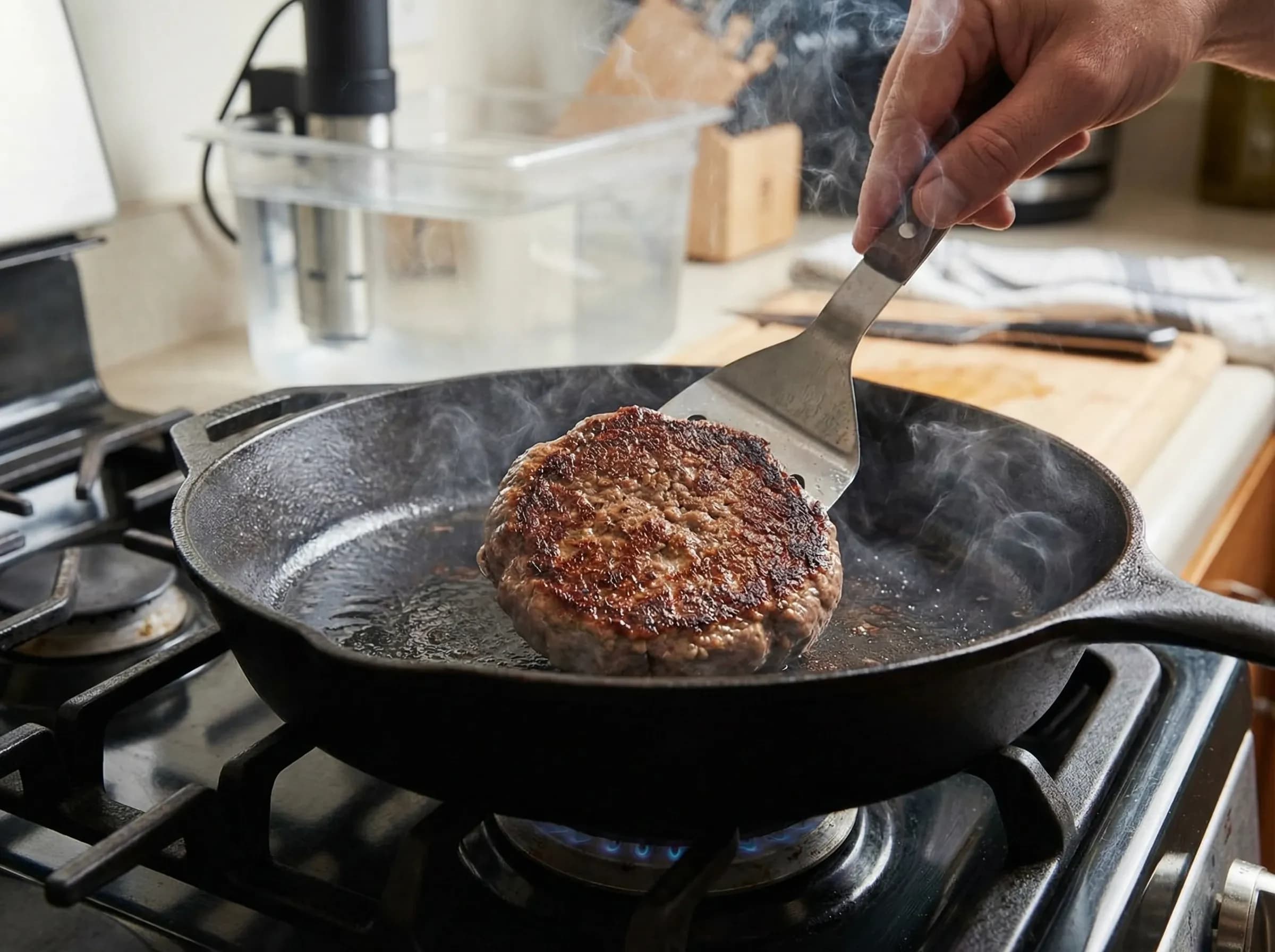 Sous vide burger patty searing in hot cast iron skillet creating caramelized crust