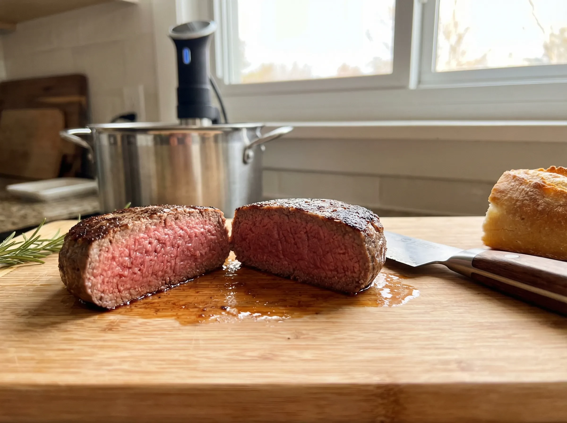 Sous vide burger patty cut in half, showing even color from edge to edge