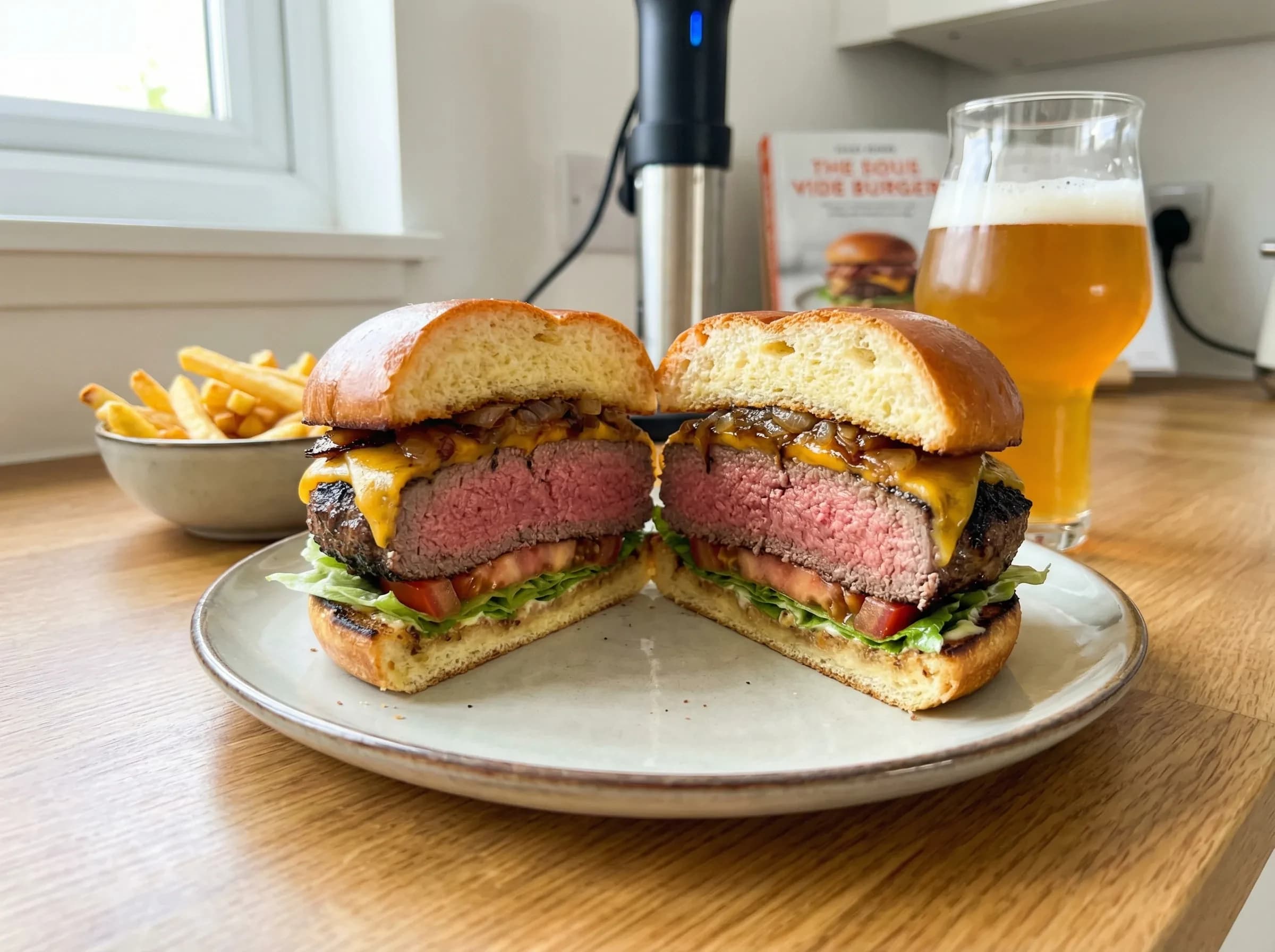 Finished sous vide burger on a bun with a golden seared exterior