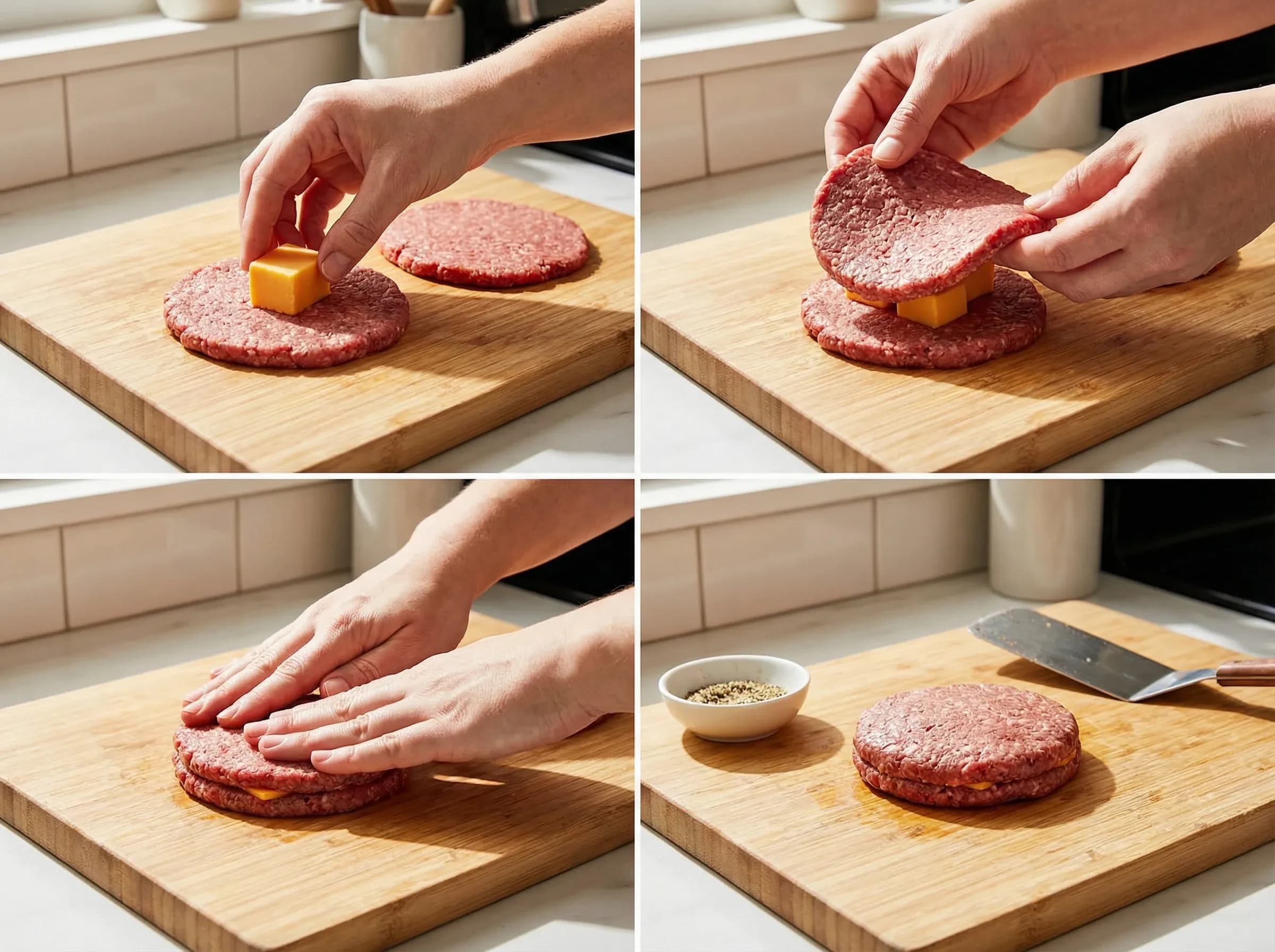 Two thin beef patties with cheese in center being sealed together for Juicy Lucy