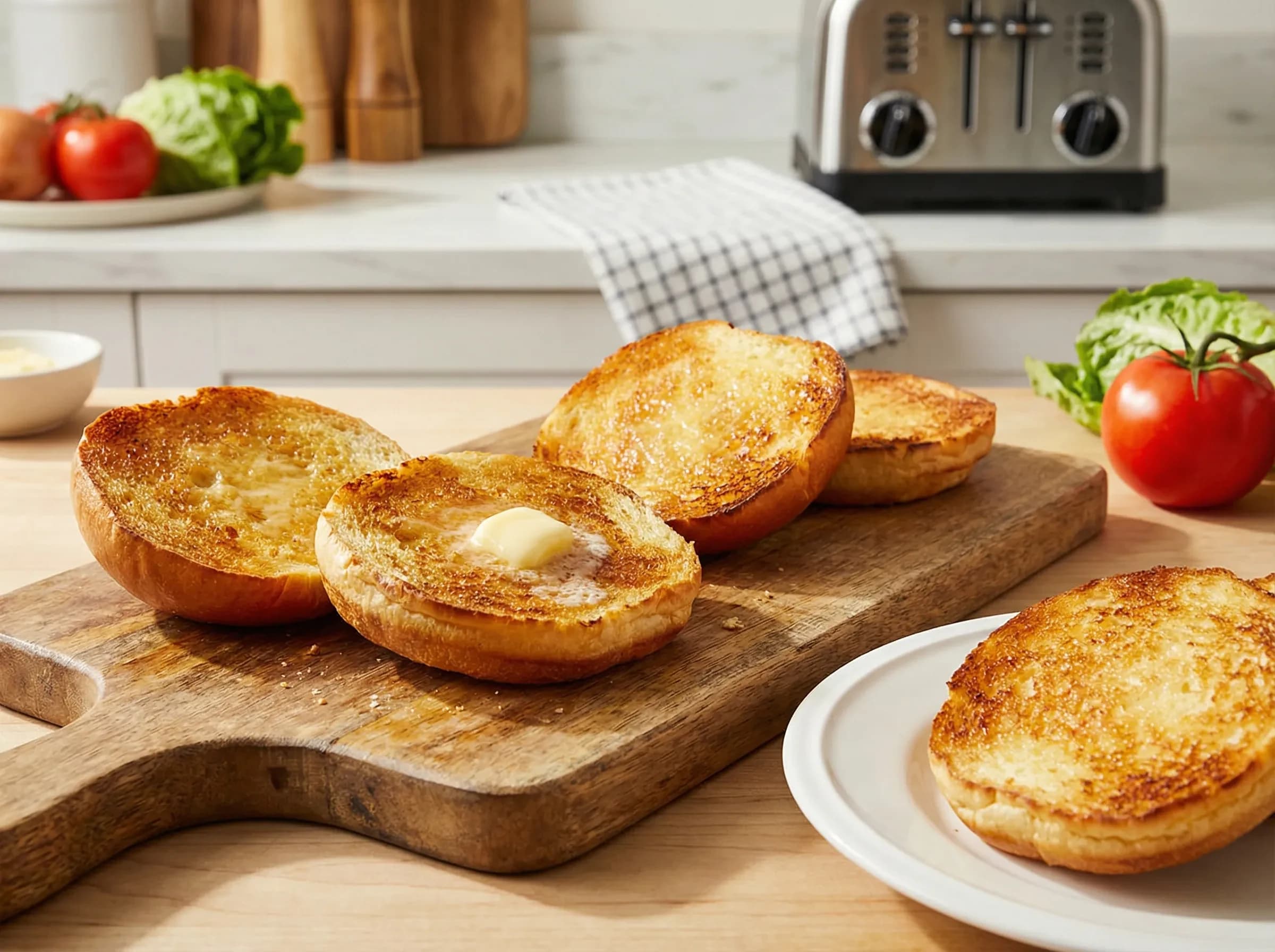 Golden toasted brioche burger buns with melted butter on cut sides