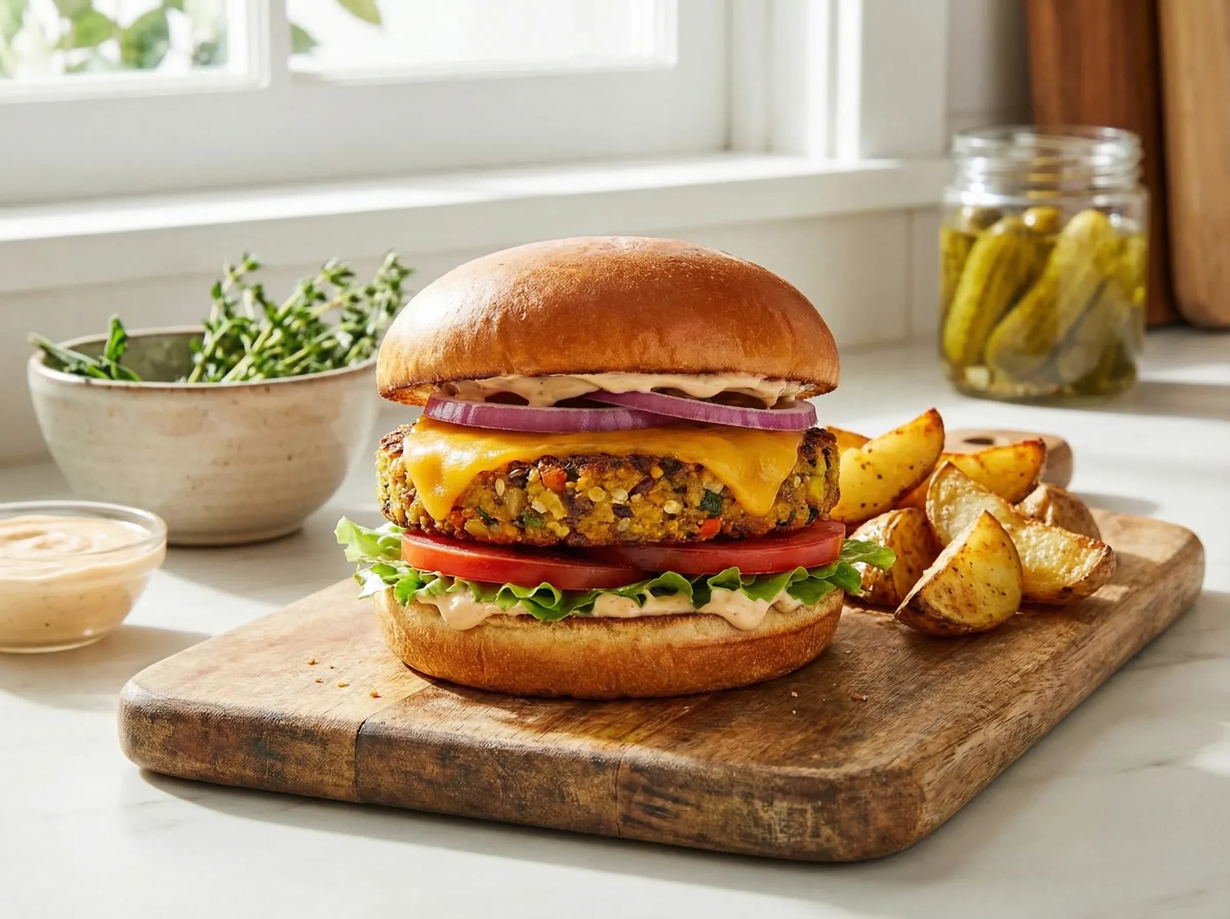 Complete veggie burger on toasted bun with lettuce, tomato, avocado and special sauce
