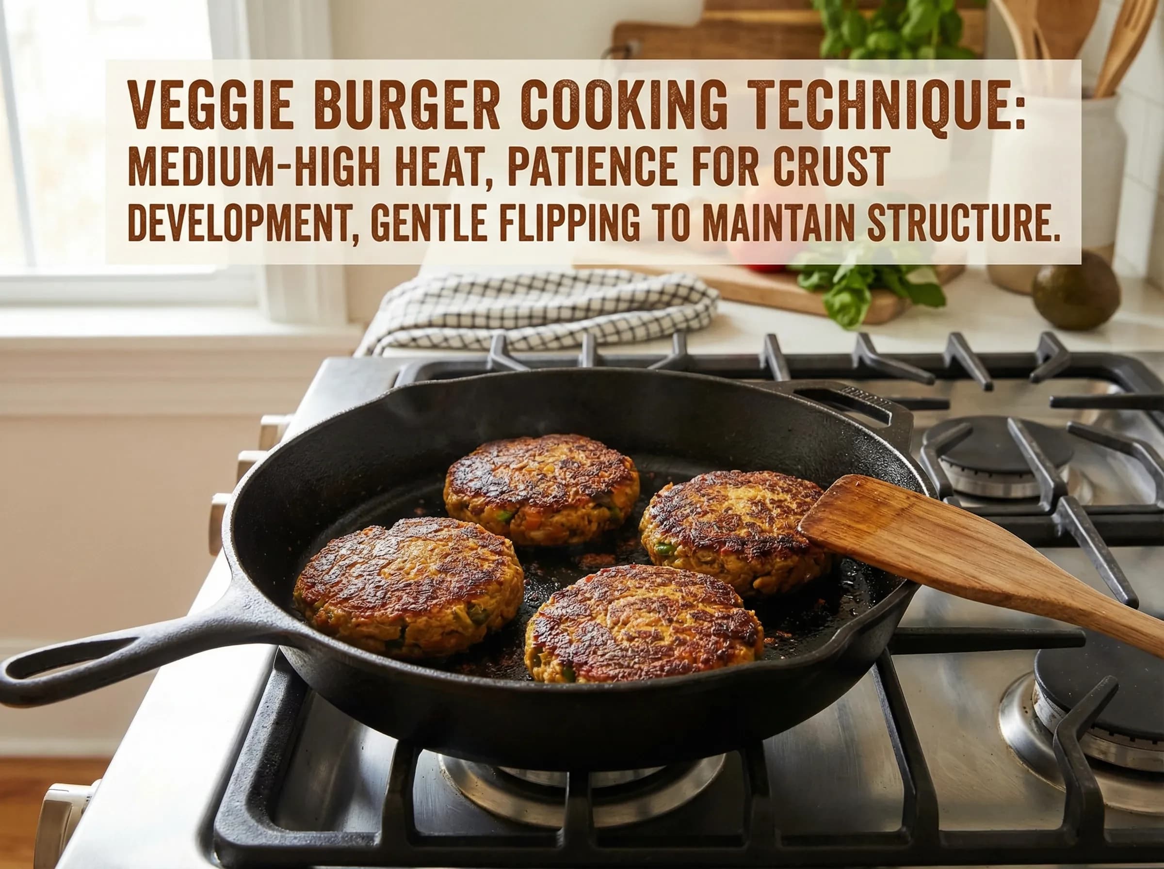 Veggie burger patties cooking in cast iron skillet with golden brown crust forming