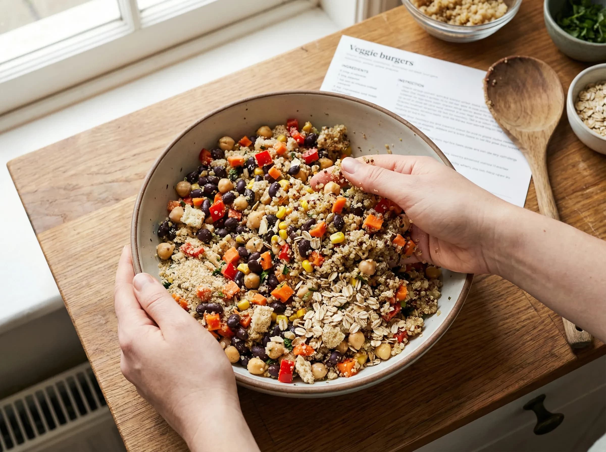 Mixed veggie burger ingredients in bowl showing proper texture with visible beans and chunky mixture