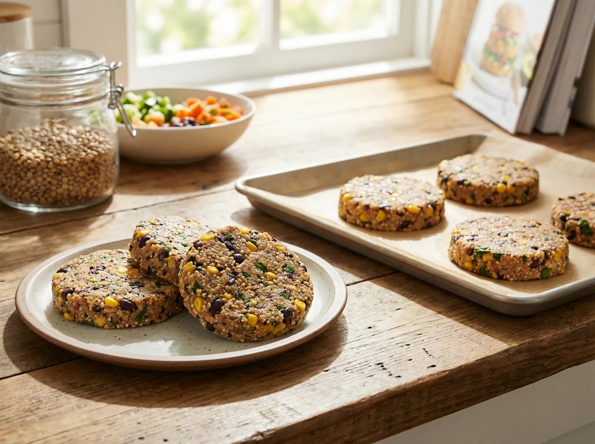 Homemade veggie burger patty with black beans, mushrooms and herbs, perfectly formed and ready to cook